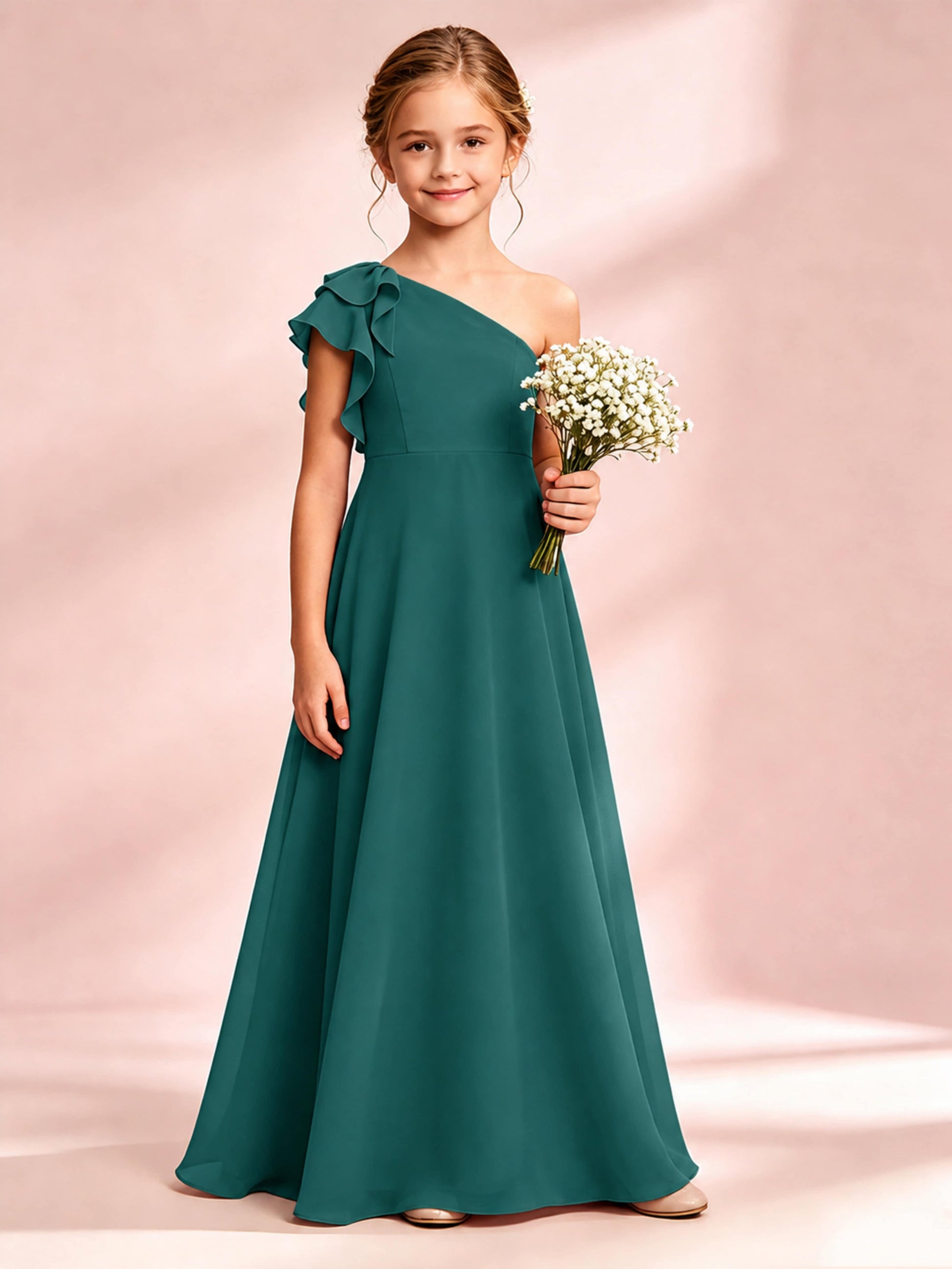 Chiffon Junior Bridesmaid Dress for Wedding One Shoulder Flower Girl Dresses