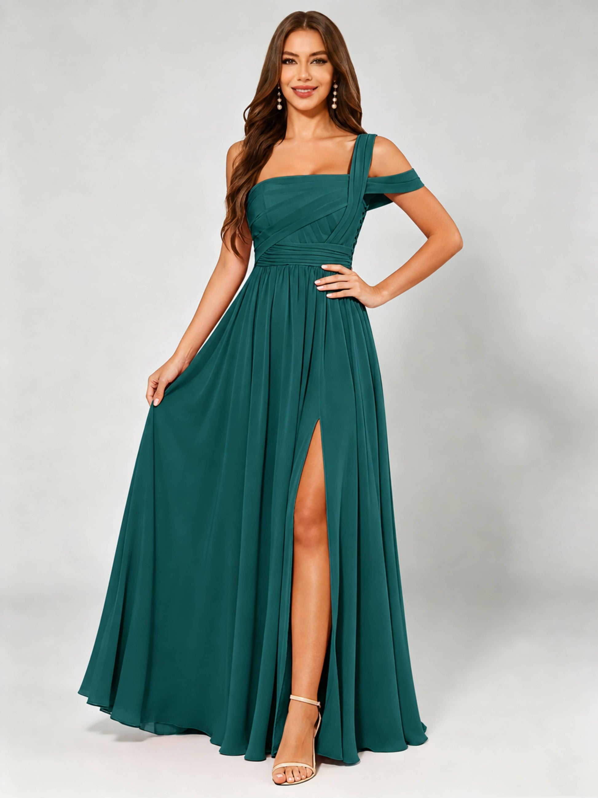 One Shoulder Chiffon Pleated Bridesmaid Dresses for Wedding