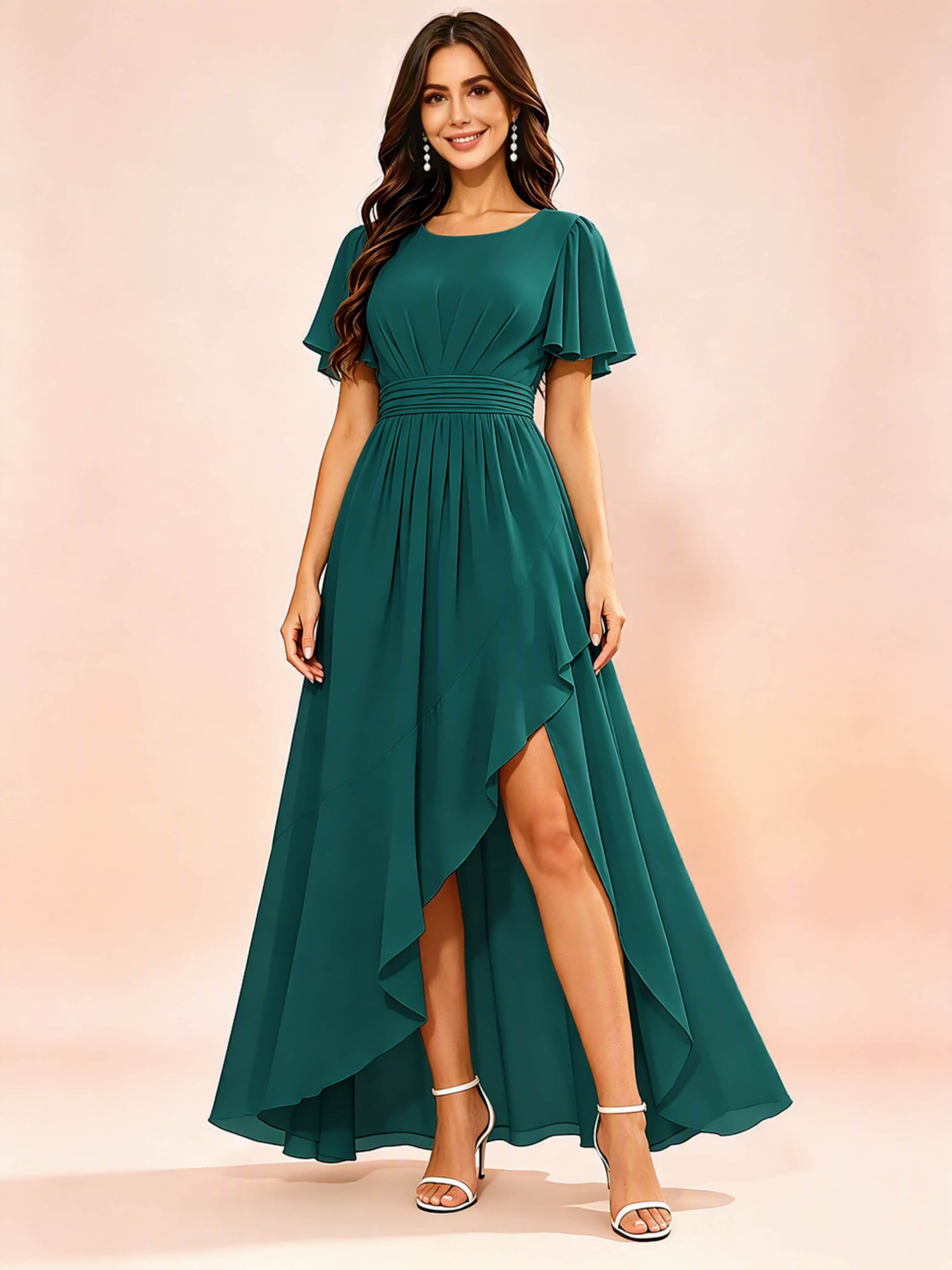 Chiffon High Low Round Neck Bridesmaid / Wedding Guest Dresses