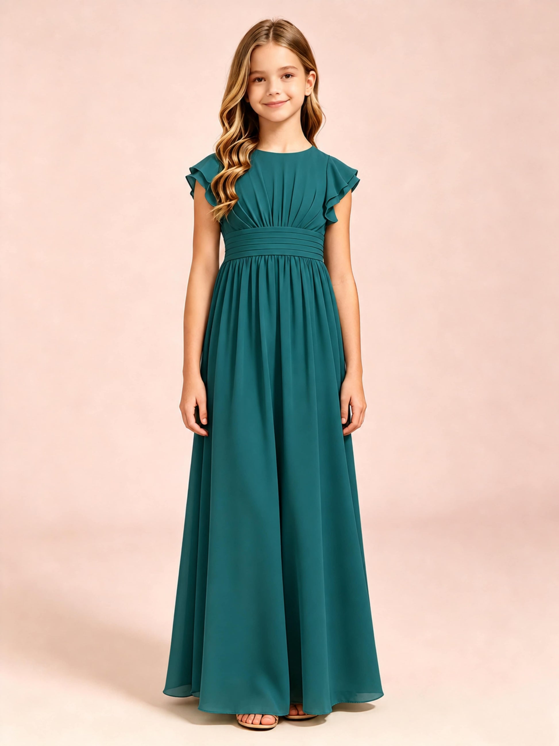 Chiffon Ruffle Cap Sleeve Junior Bridesmaid Dress for Wedding