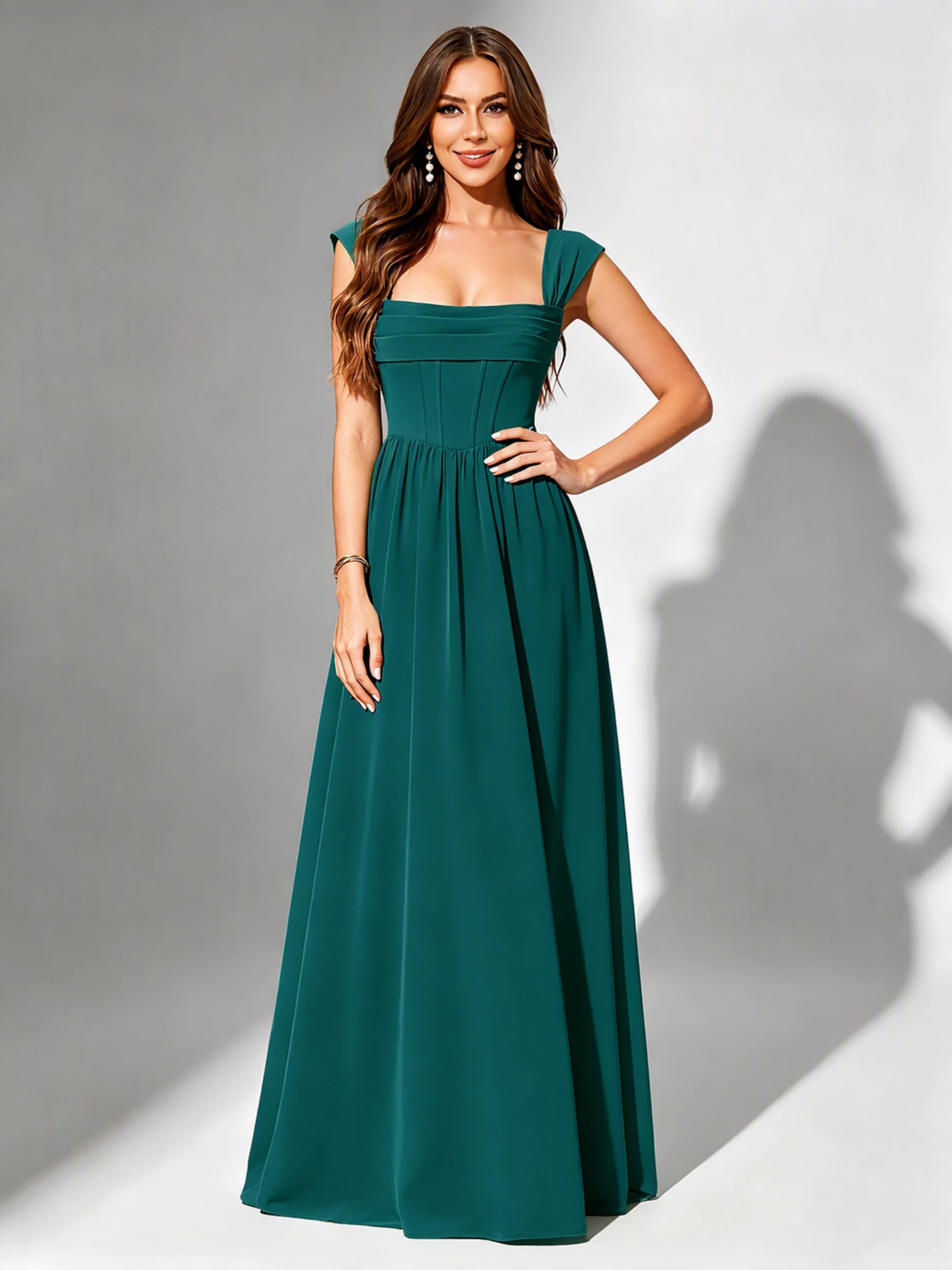 Square Neck Chiffon Bridesmaid Dress Corset Formal Gown