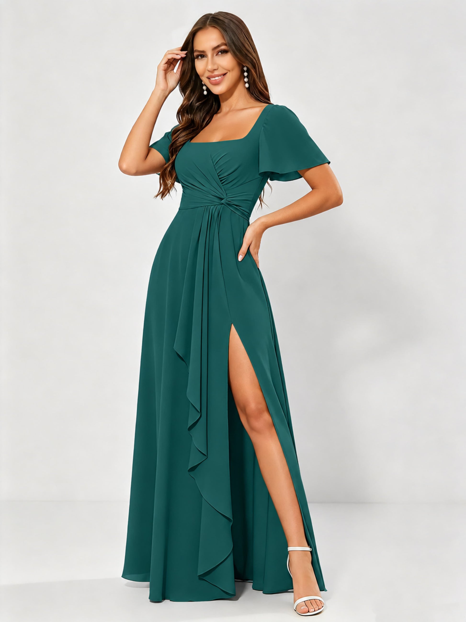 Square Neck Chiffon Ruffle Bridesmaid Dress with Slit