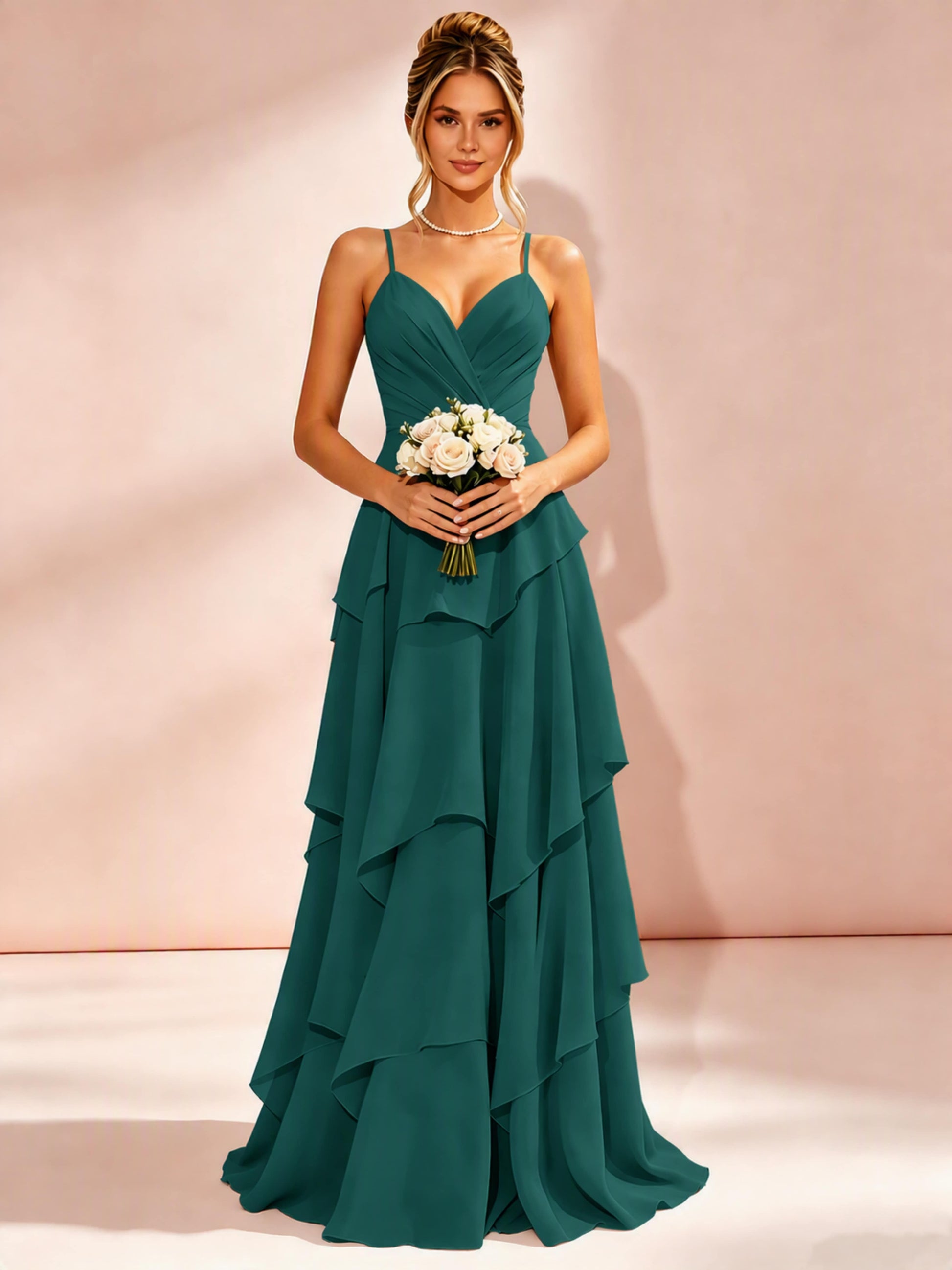 Spaghetti Straps Ruffle Tiered Chiffon Bridesmaid Dress for Wedding