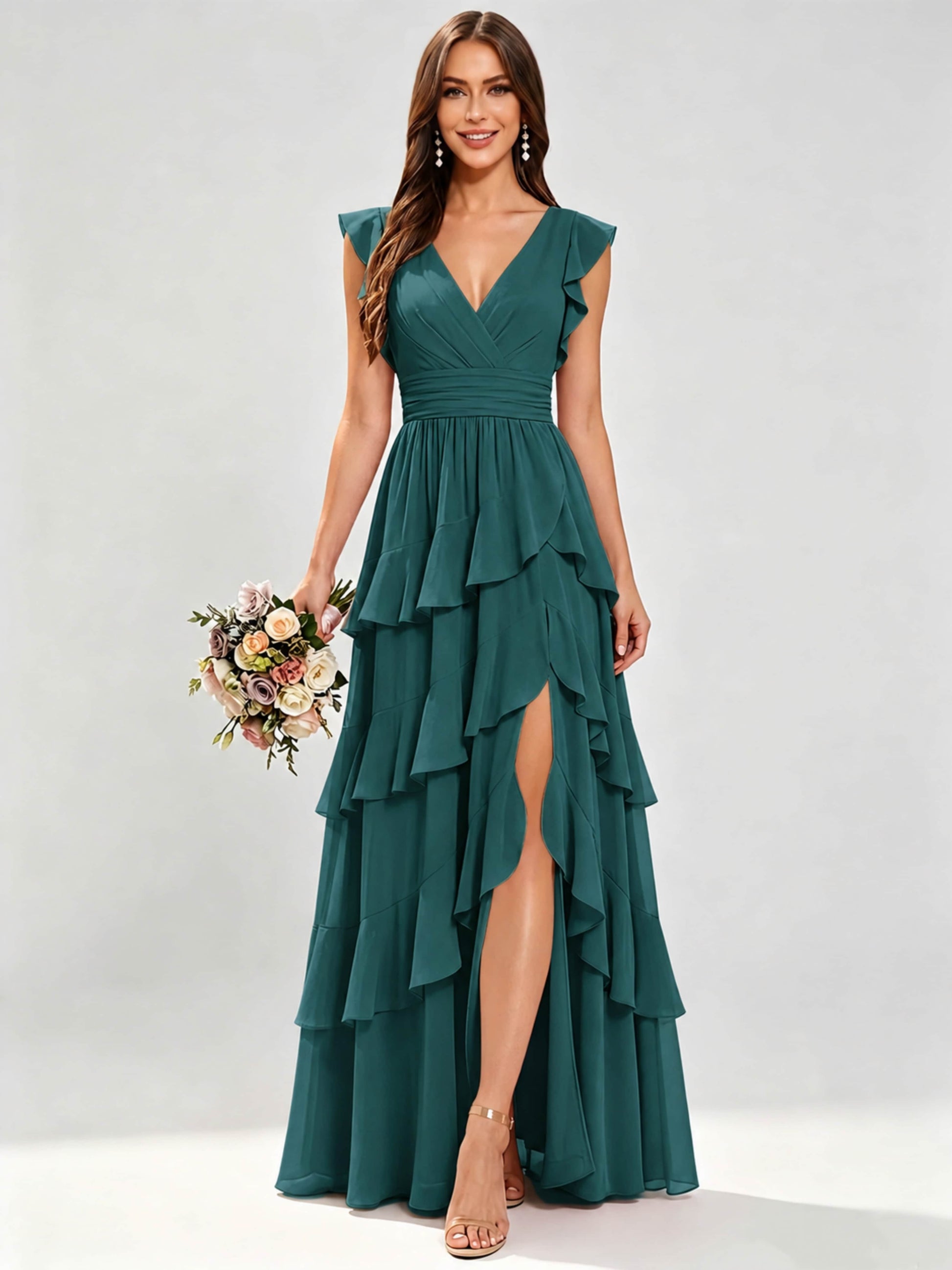 Ruffle Sleeve Tiered Chiffon Bridesmaid Dresses for Wedding with Slit