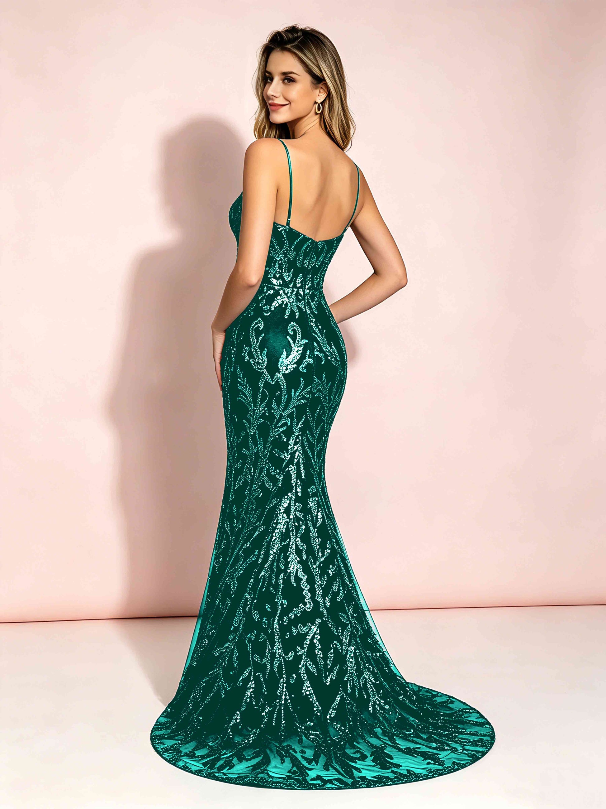 Mermaid V-Neck Sweep Train Sequin Sparkly Prom Dresses with Slit