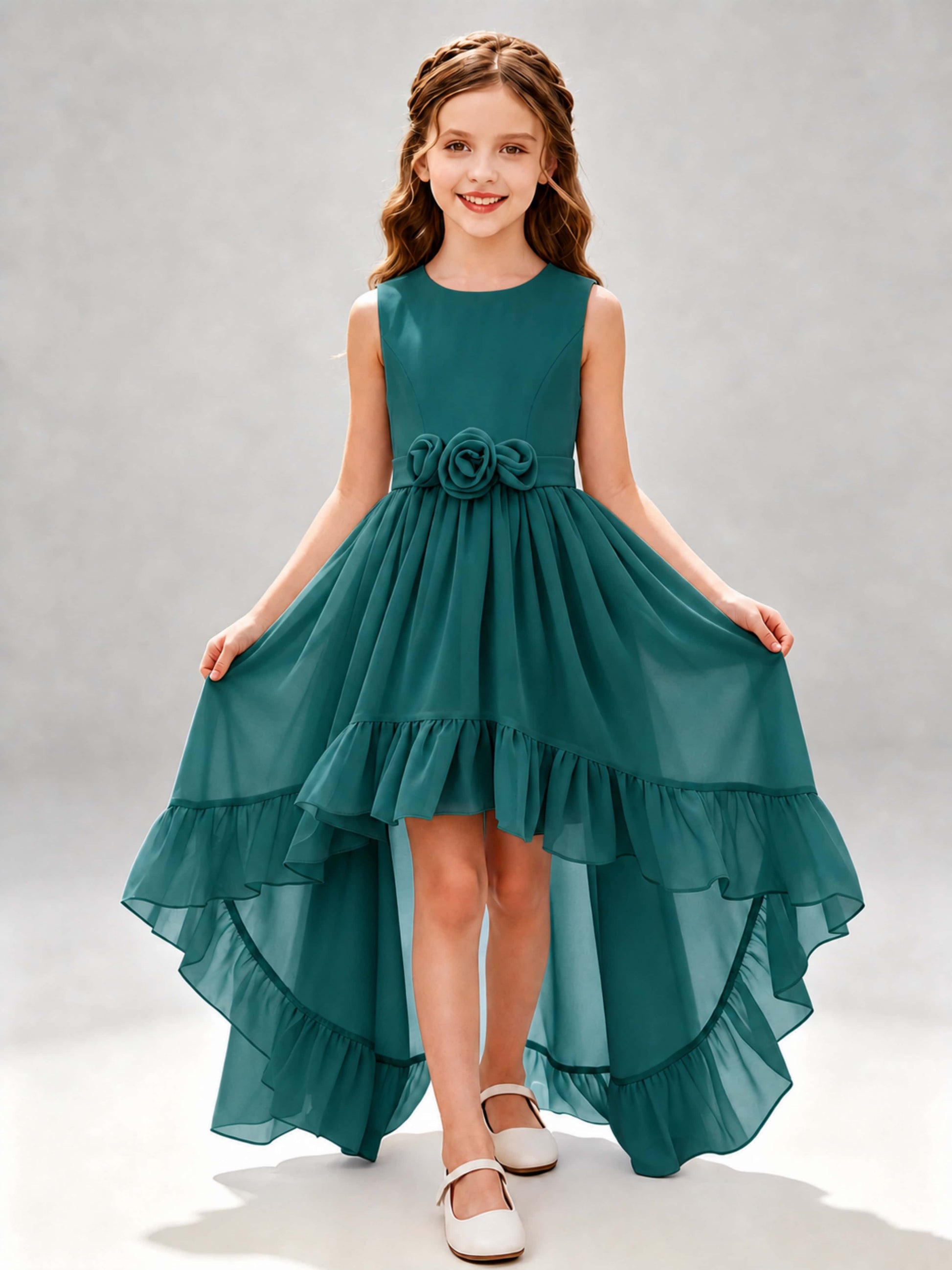 Chiffon 3D Flower High Low Junior Bridesmaid Dresses