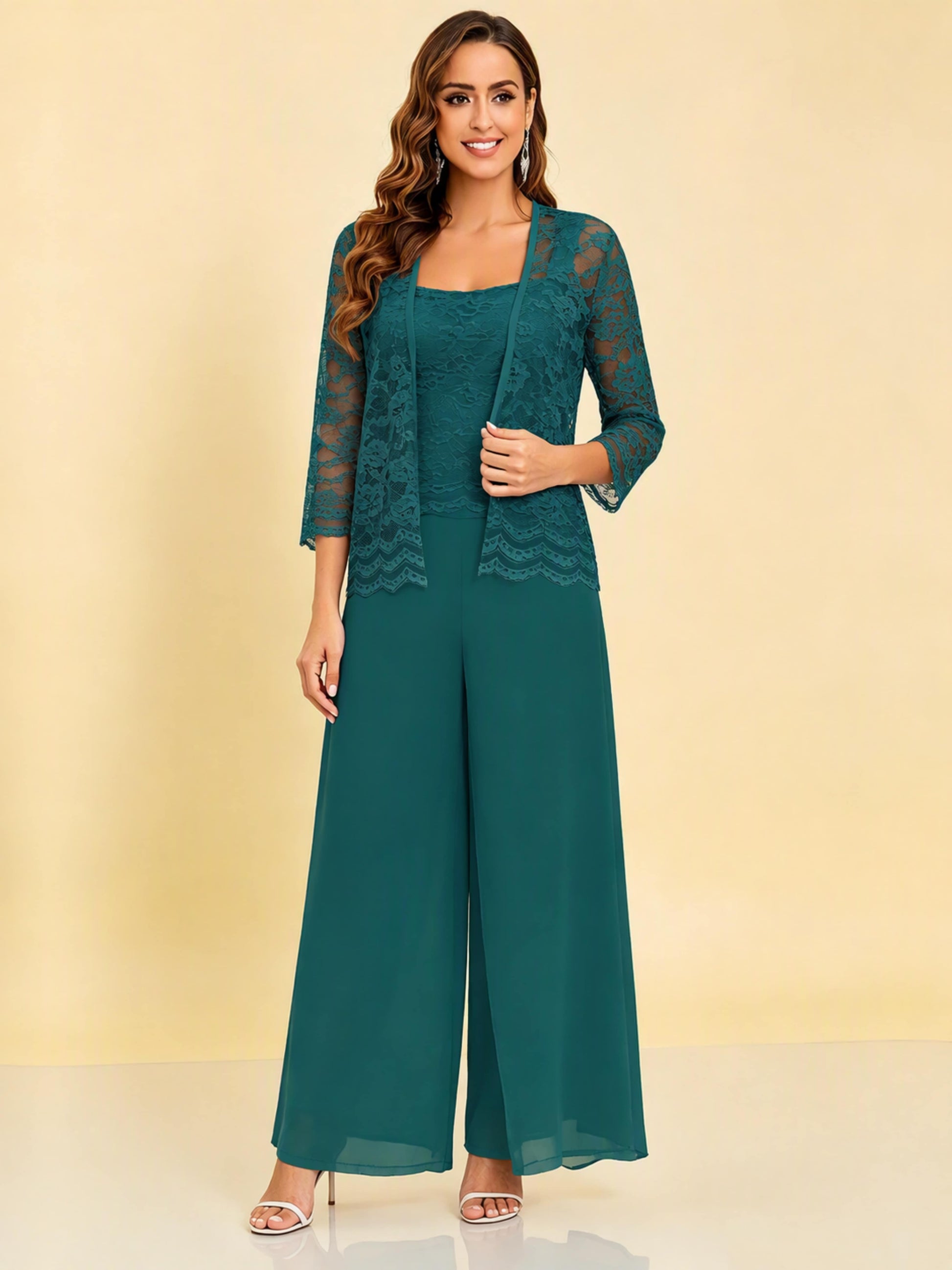 Chiffon Lace Flowy 3 Pieces Mother of The Bride Pant Suits Women Wedding