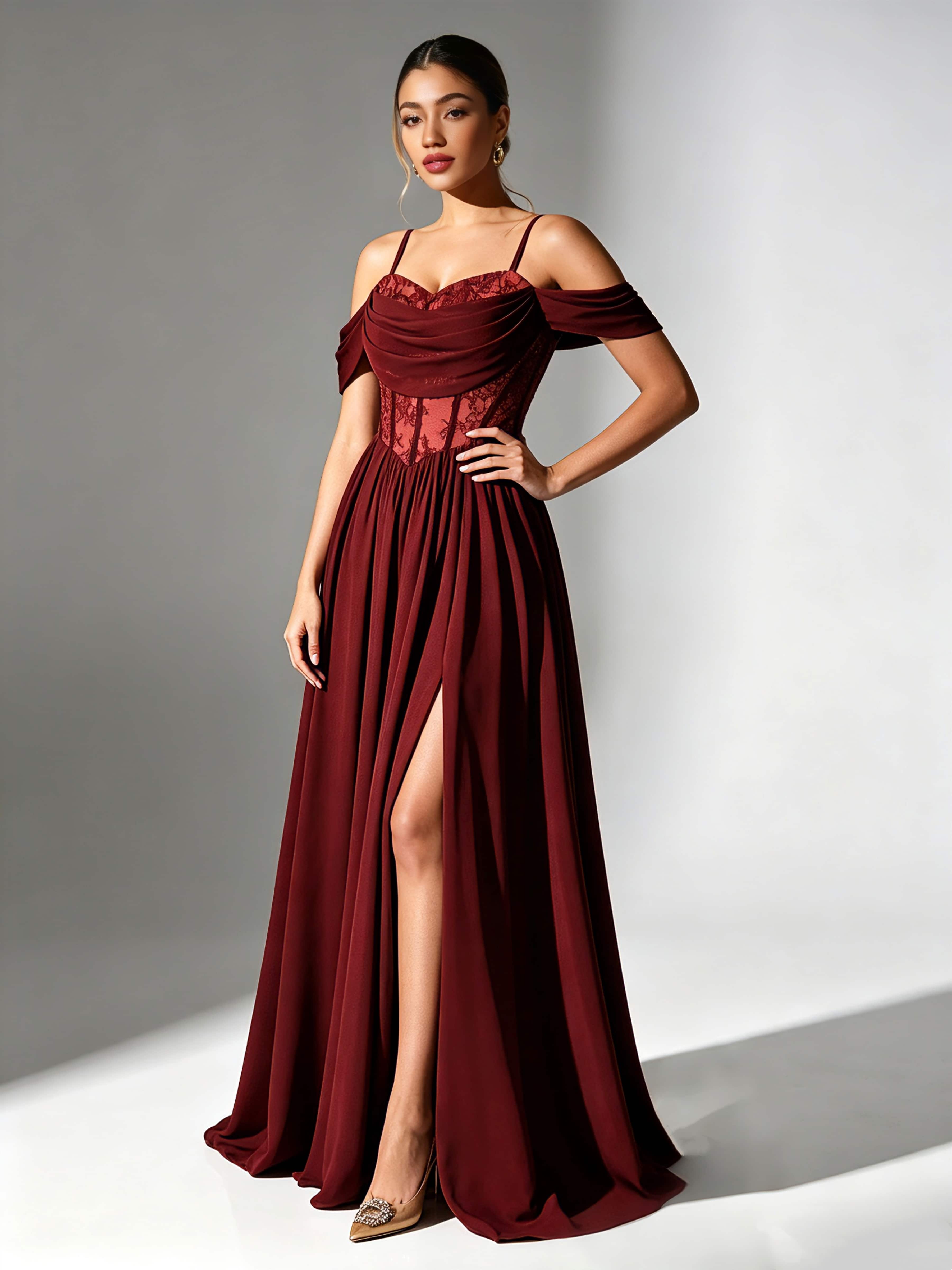 Off Shoulder Chiffon Lace Prom Dress for Teens