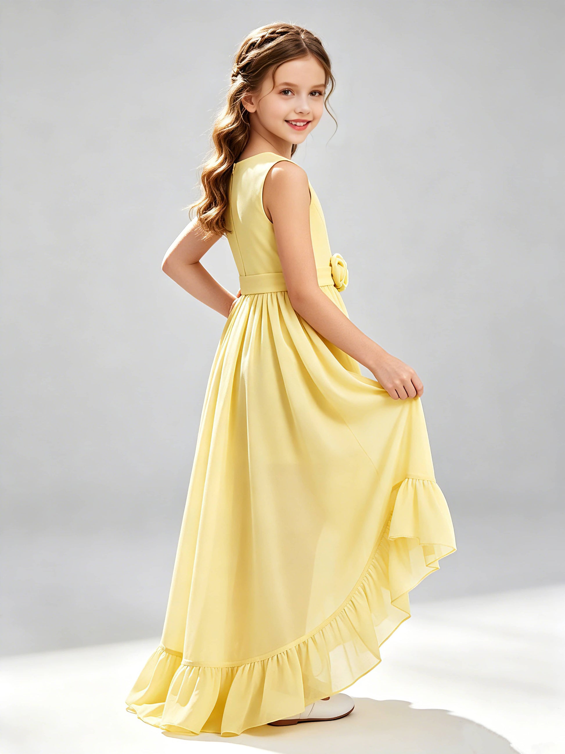 Chiffon 3D Flower High Low Junior Bridesmaid Dresses