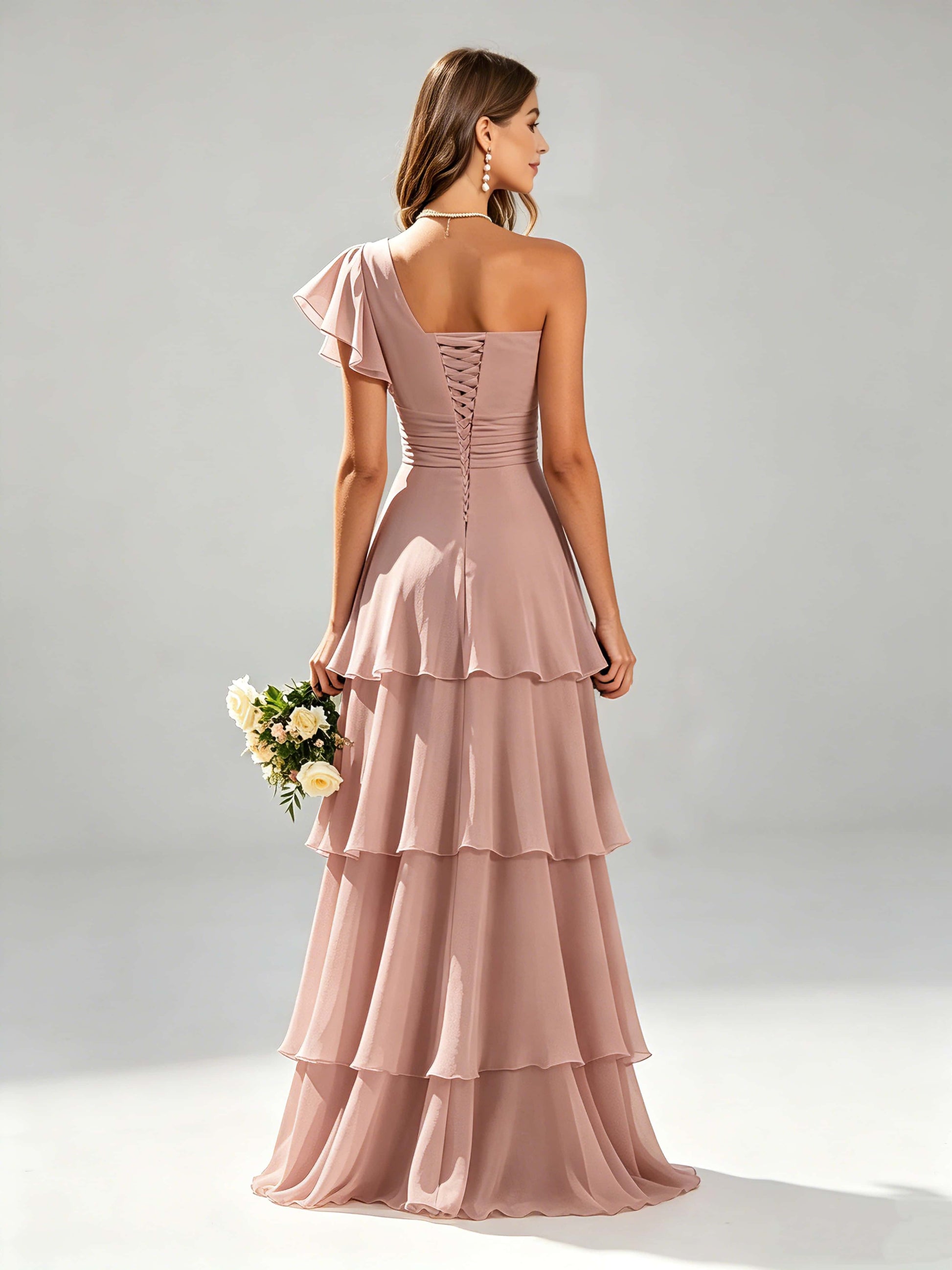 One Shoulder Ruffle Tiered Chiffon Bridesmaid Dress for Wedding