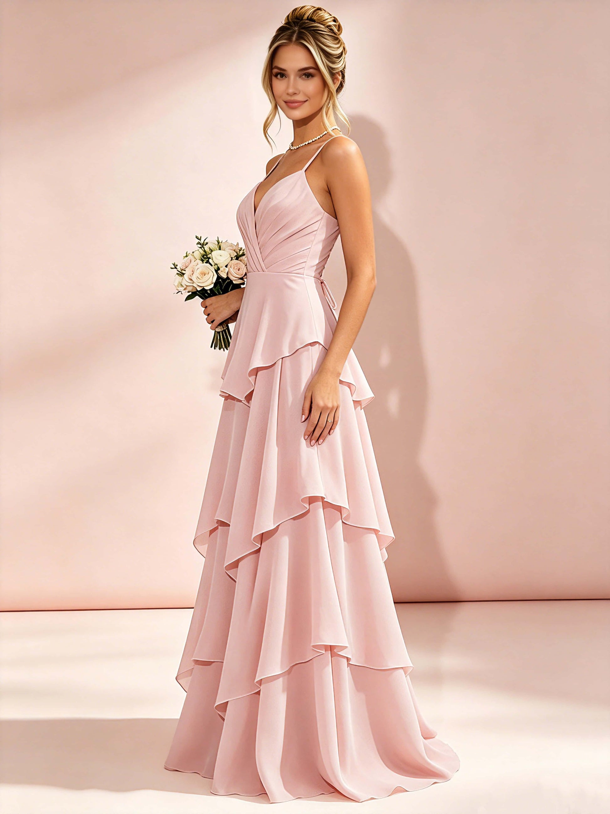Spaghetti Straps Ruffle Tiered Chiffon Bridesmaid Dress for Wedding