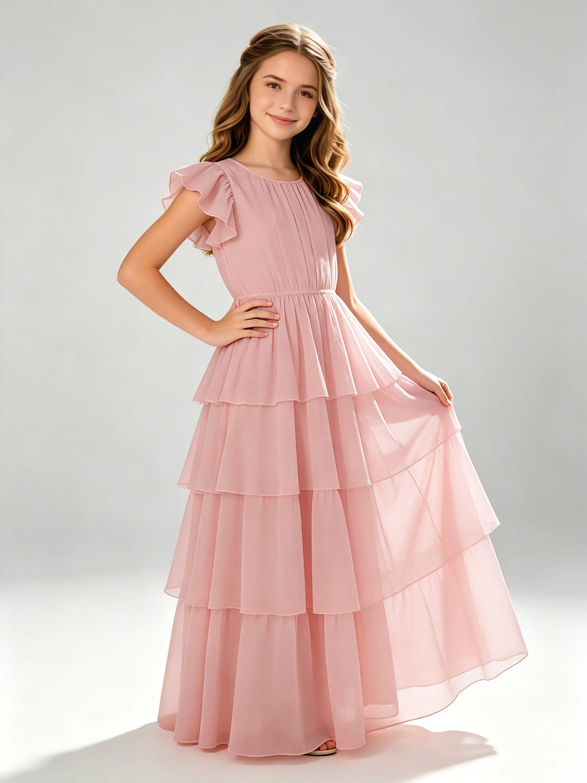 Chiffon Tiered Pleated Long Junior Bridesmaid Dresses