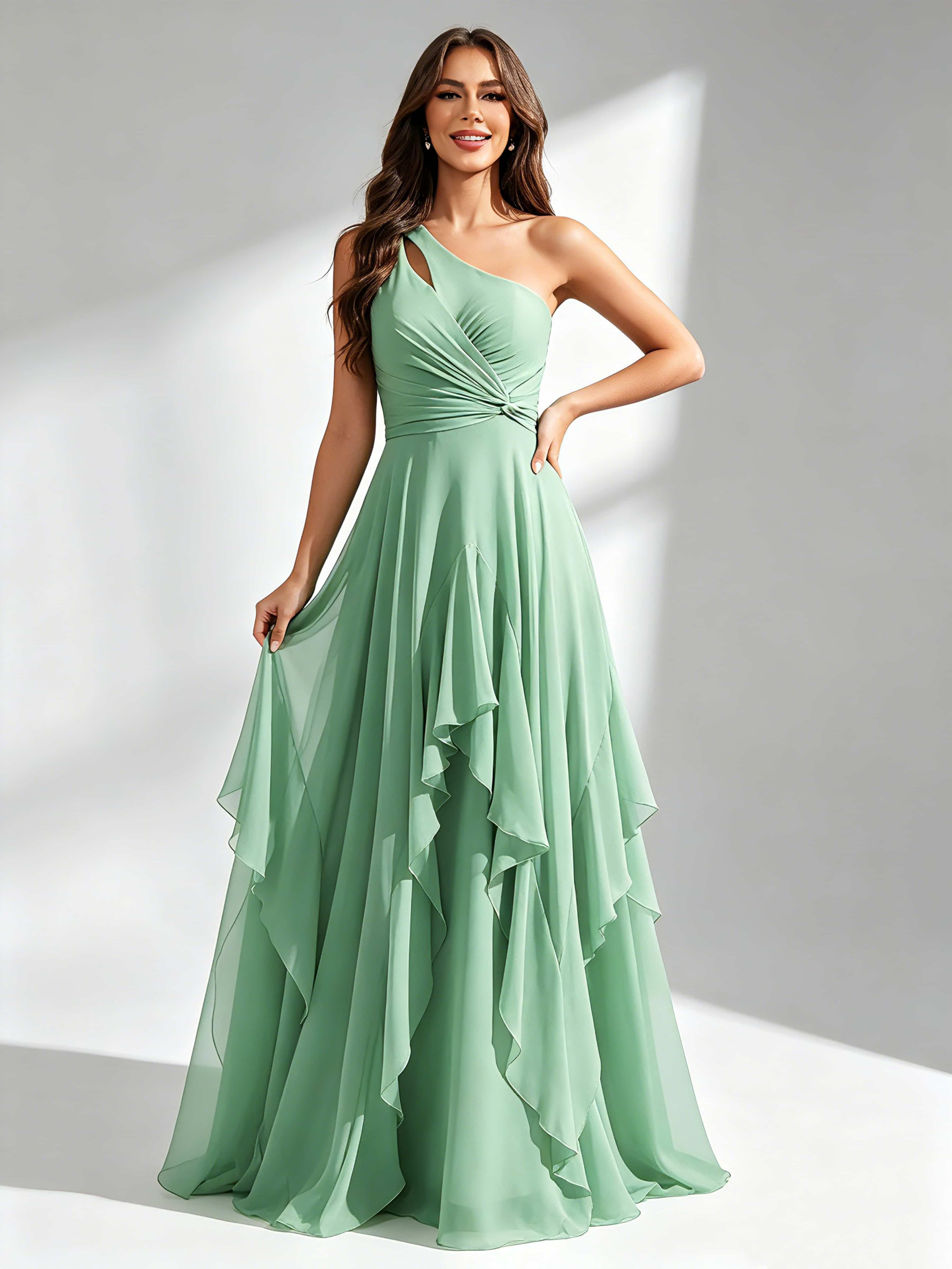 One Shoulder Ruffle Bridesmaid Dresses Formal Evening Gown