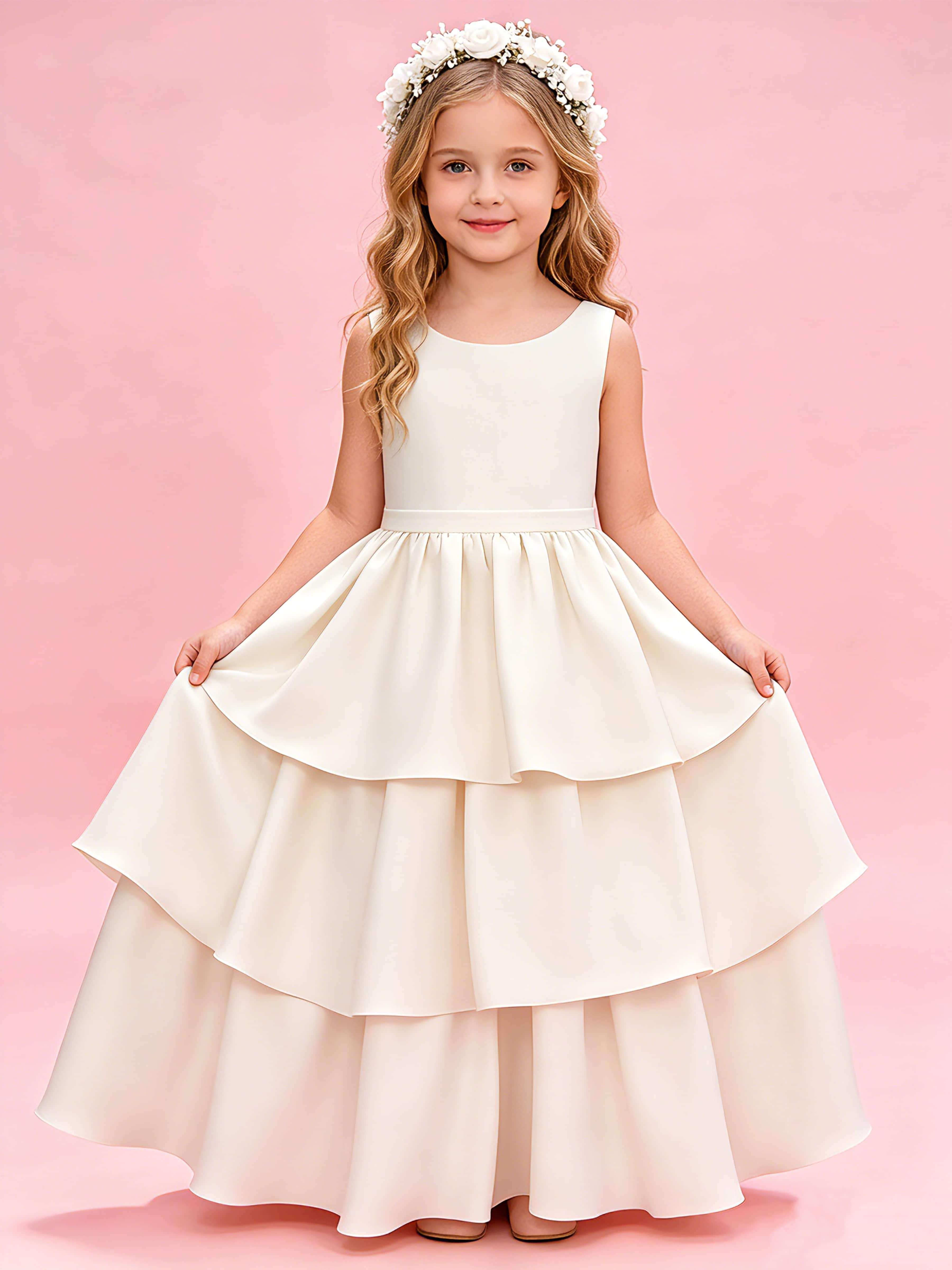 Tiered Flower Girl Dress with Bow Princess Girls Pageant Gowns