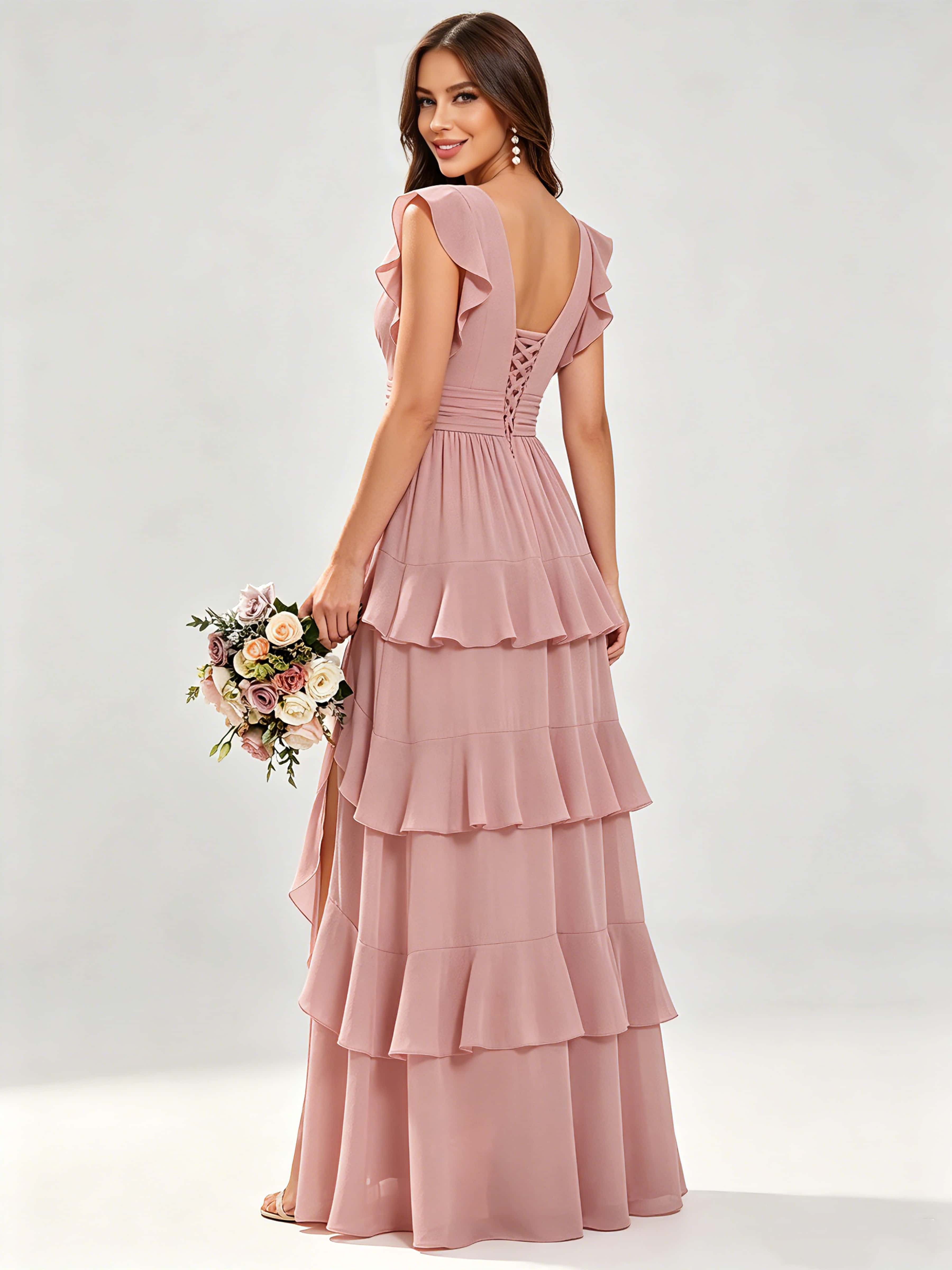 Ruffle Sleeve Tiered Chiffon Bridesmaid Dresses for Wedding with Slit