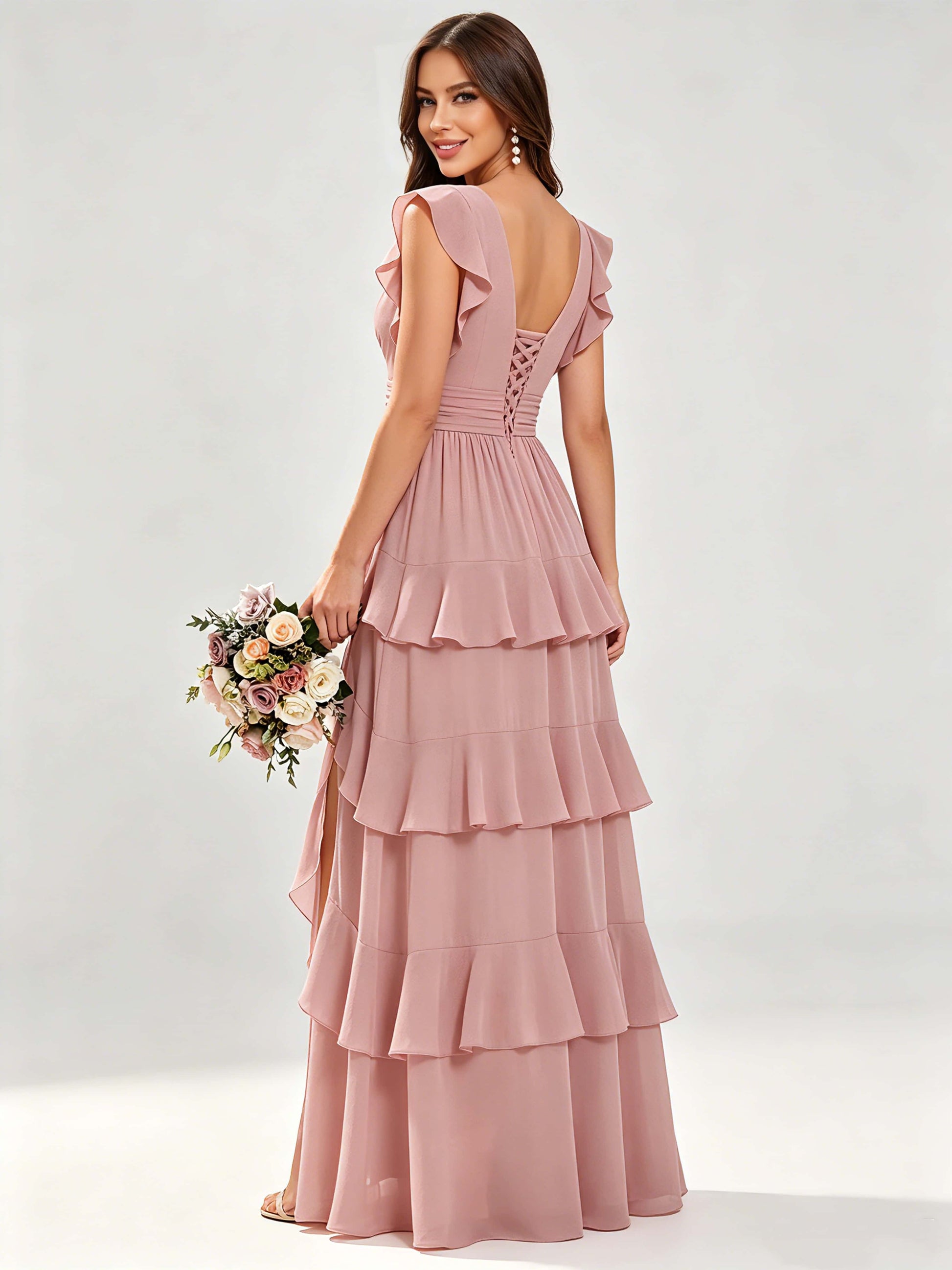 Ruffle Sleeve Tiered Chiffon Bridesmaid Dresses for Wedding with Slit