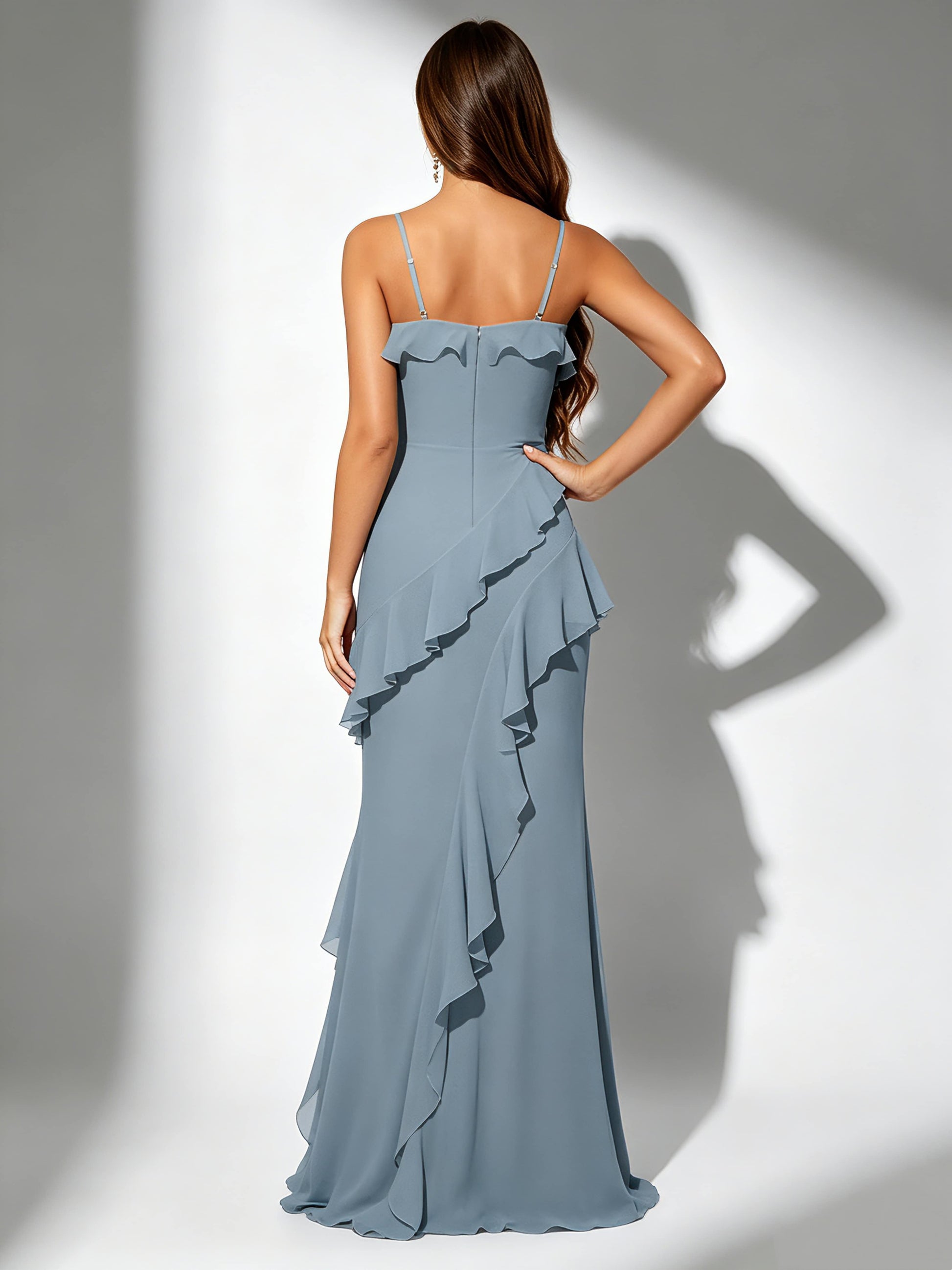 Chiffon Spaghetti Straps Ruffle Bridesmaid Dresses for Wedding