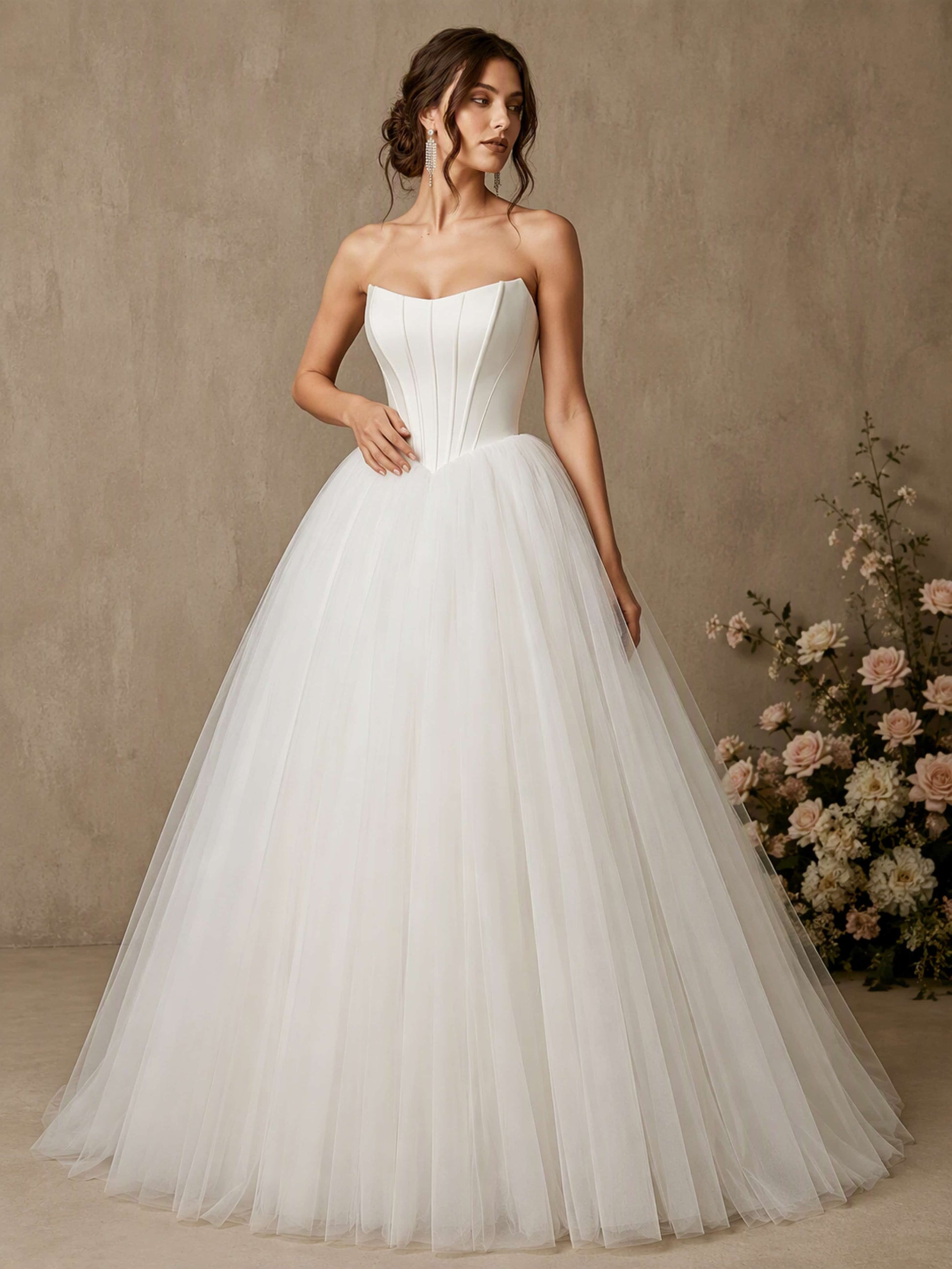 Strapless Corset Satin Tulle Puffy Long Wedding Dresses