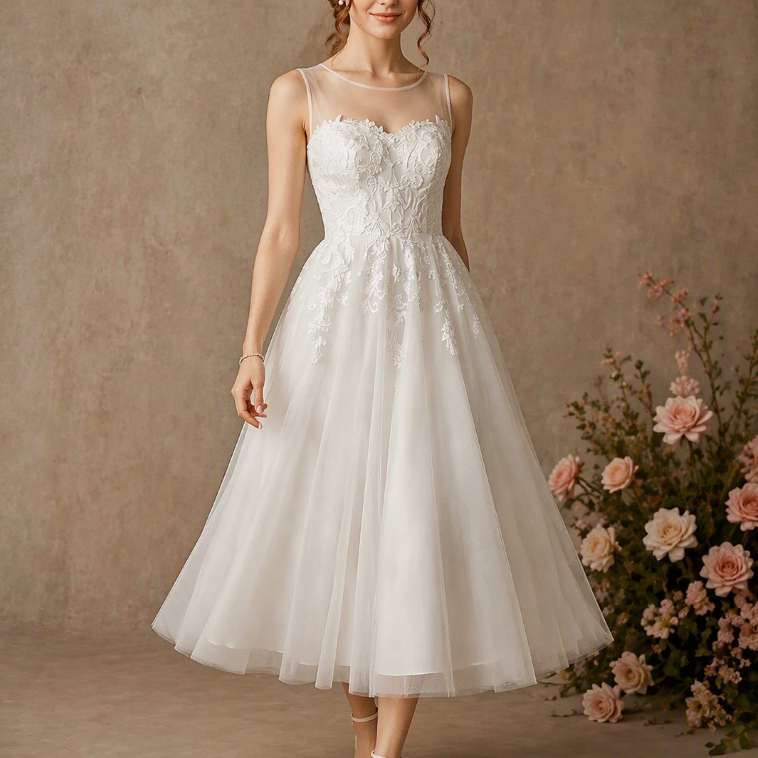 Round Neck Sleeveless Lace Tulle Puffy Wedding Dresses
