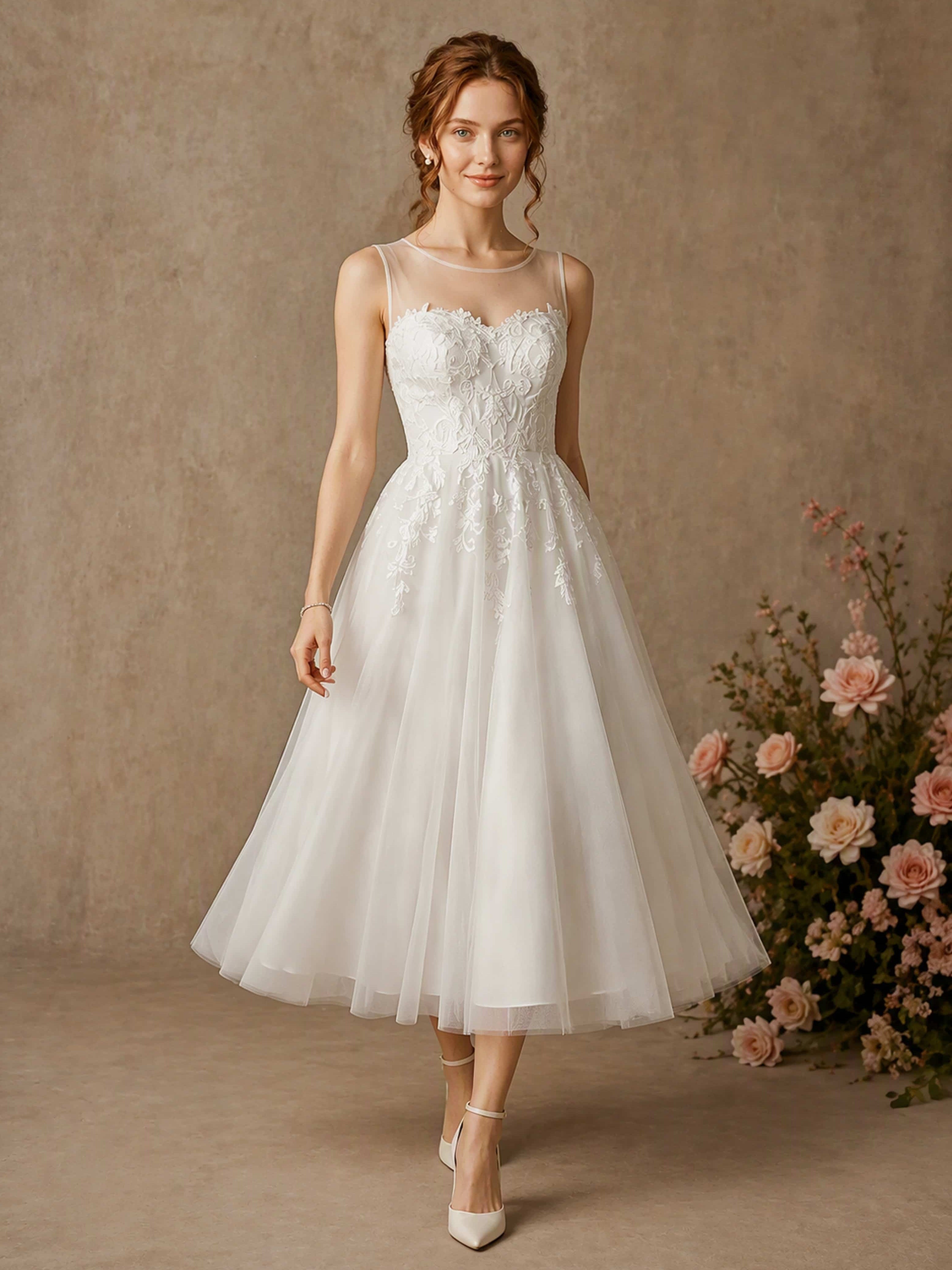 Round Neck Sleeveless Lace Tulle Puffy Wedding Dresses