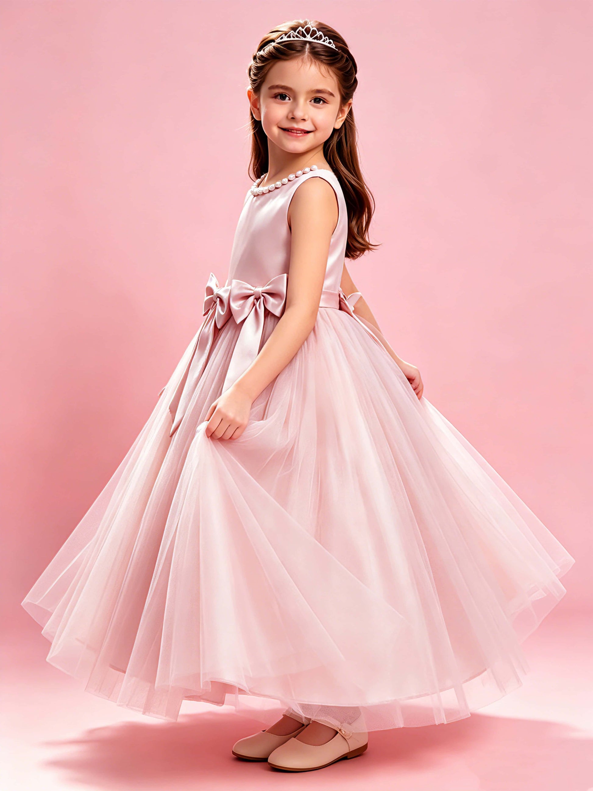 Satin Tulle Flower Girl Dress with Bow Princess Girls Pageant Gowns