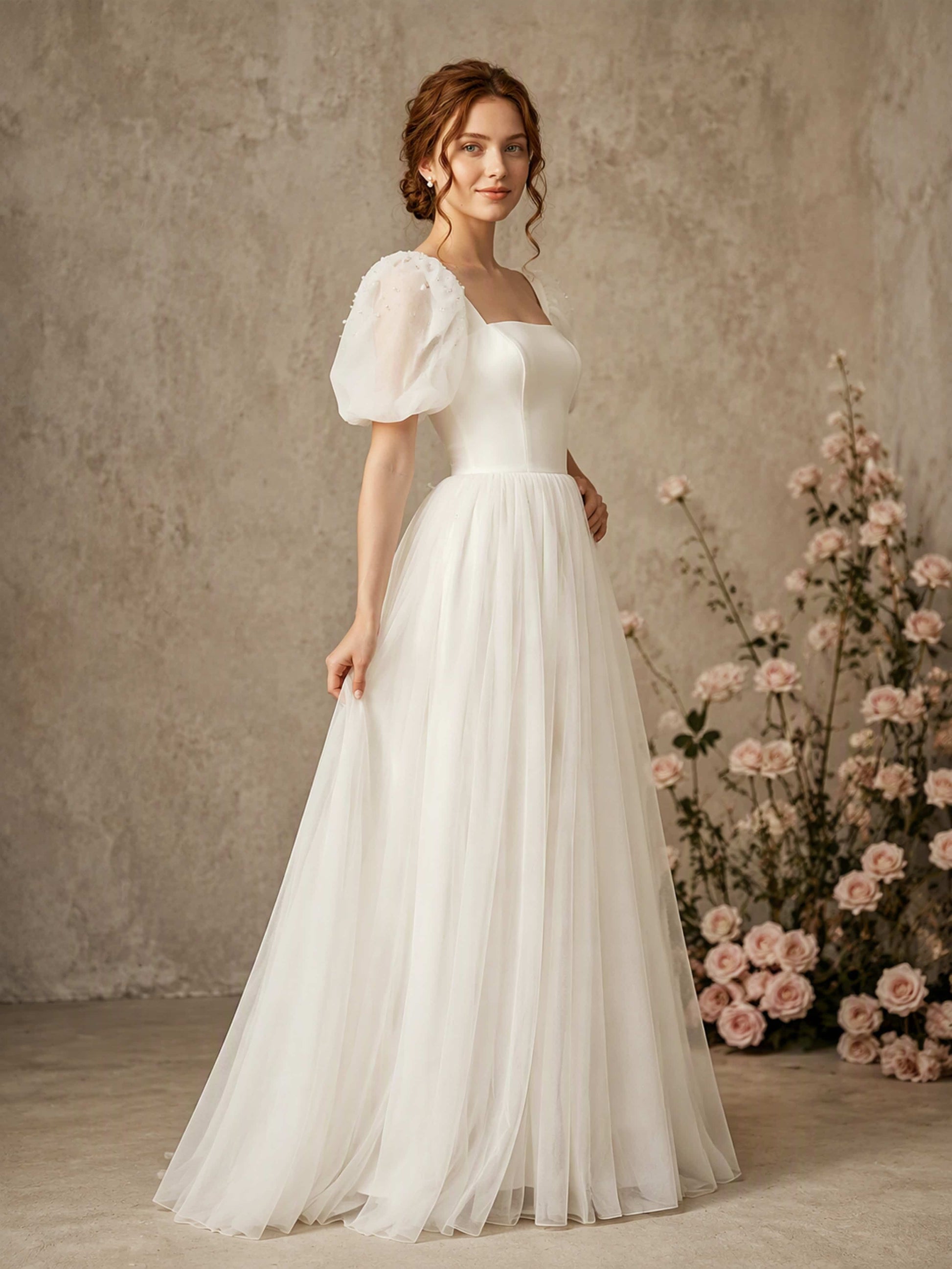 Square Neck Puff Sleeve Womens Wedding Dress Satin Tulle Evening Gown