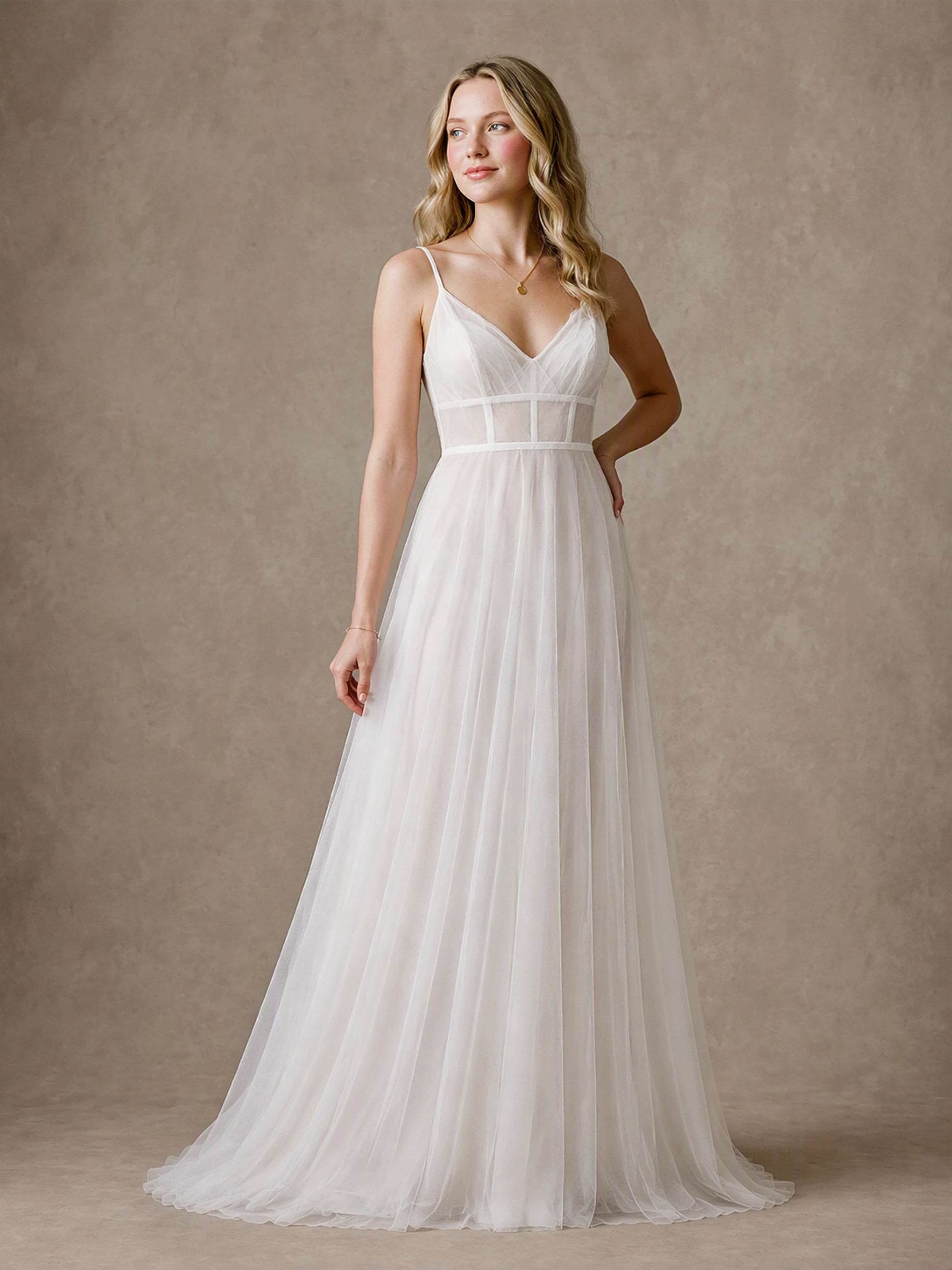 Floor Length Spaghetti Straps Tulle Simple Wedding Dress