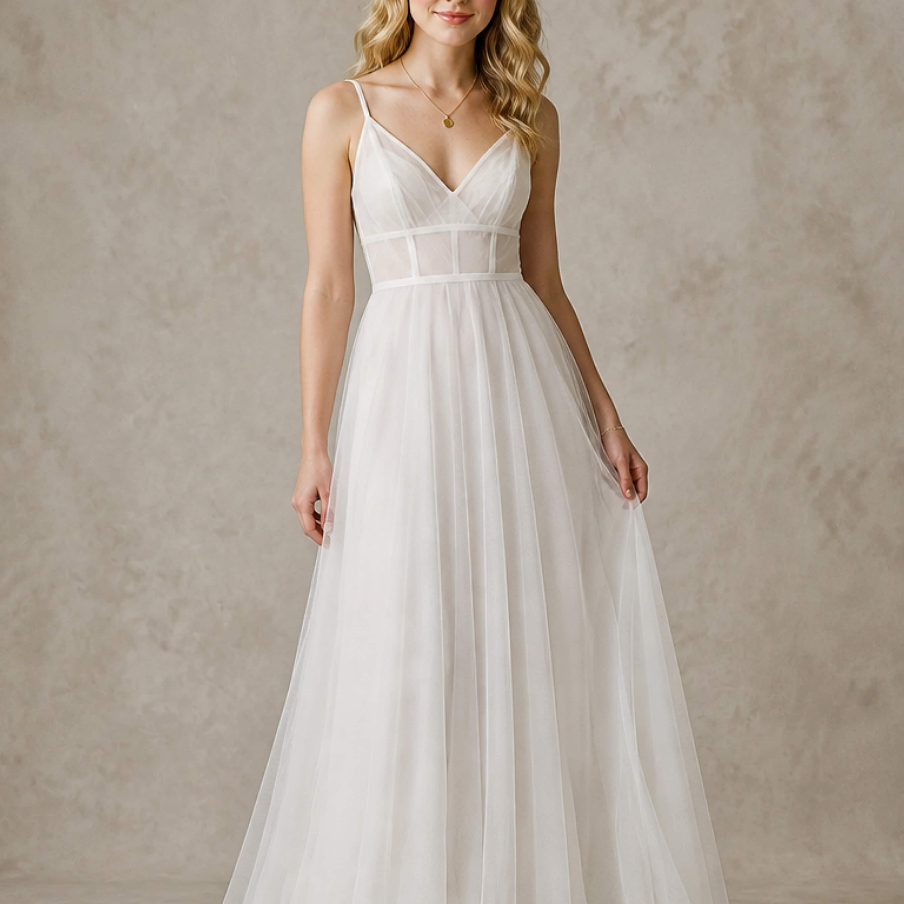 Floor Length Spaghetti Straps Tulle Simple Wedding Dress