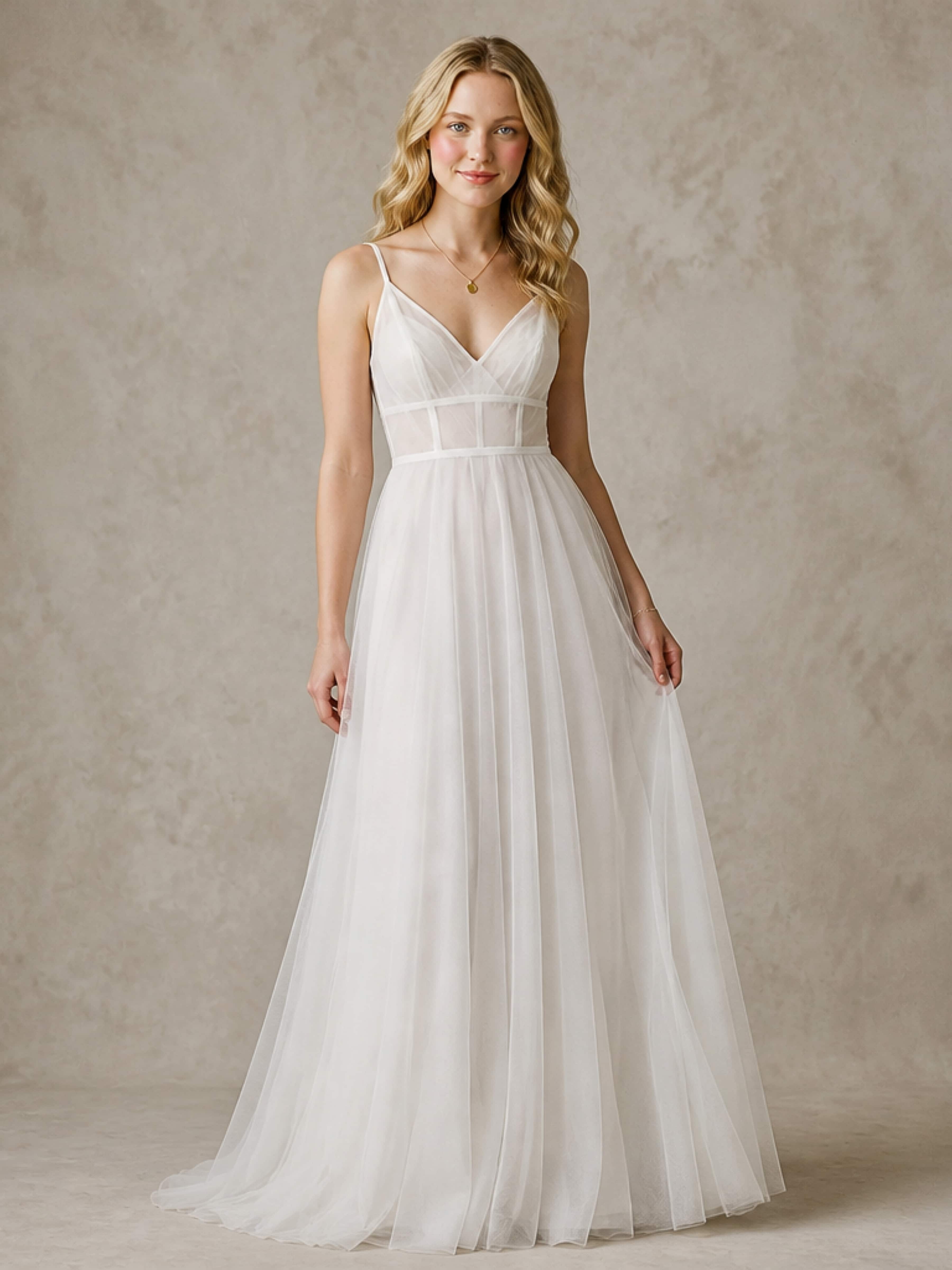 Floor Length Spaghetti Straps Tulle Simple Wedding Dress