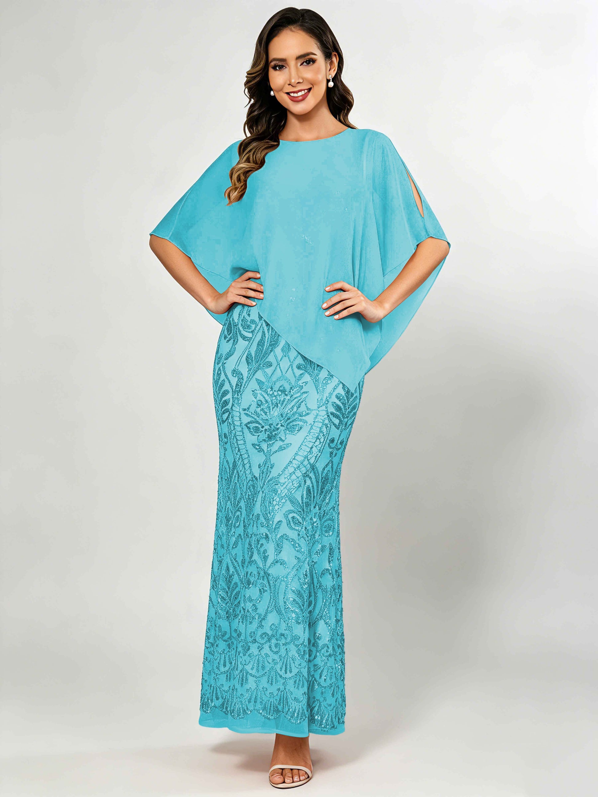 Mermaid Sequin Mother of The Bride Dress with Chiffon Cape