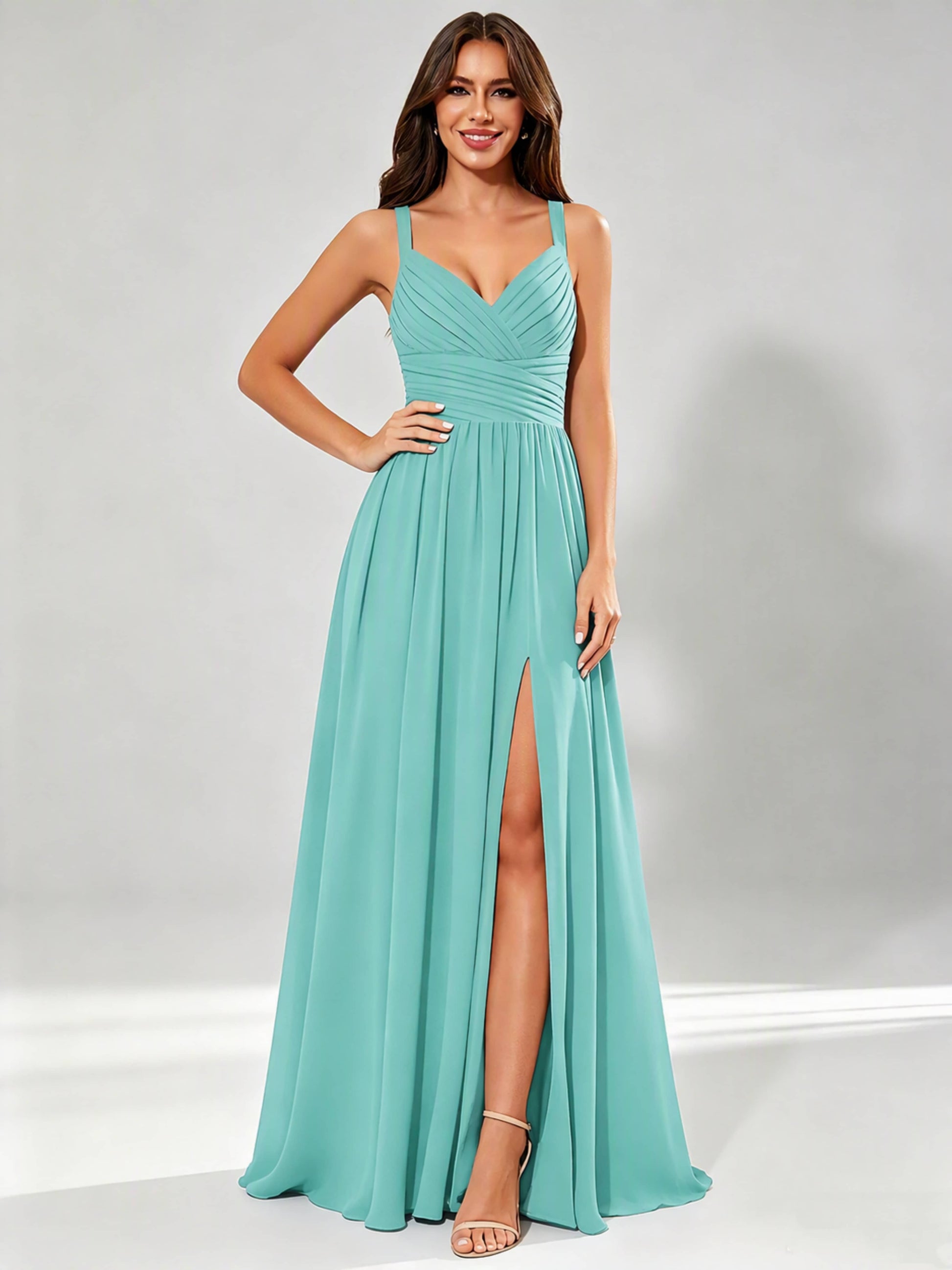Spaghetti Straps Chiffon Ruched Bust Pleated Bridesmaid Dress for Wedding