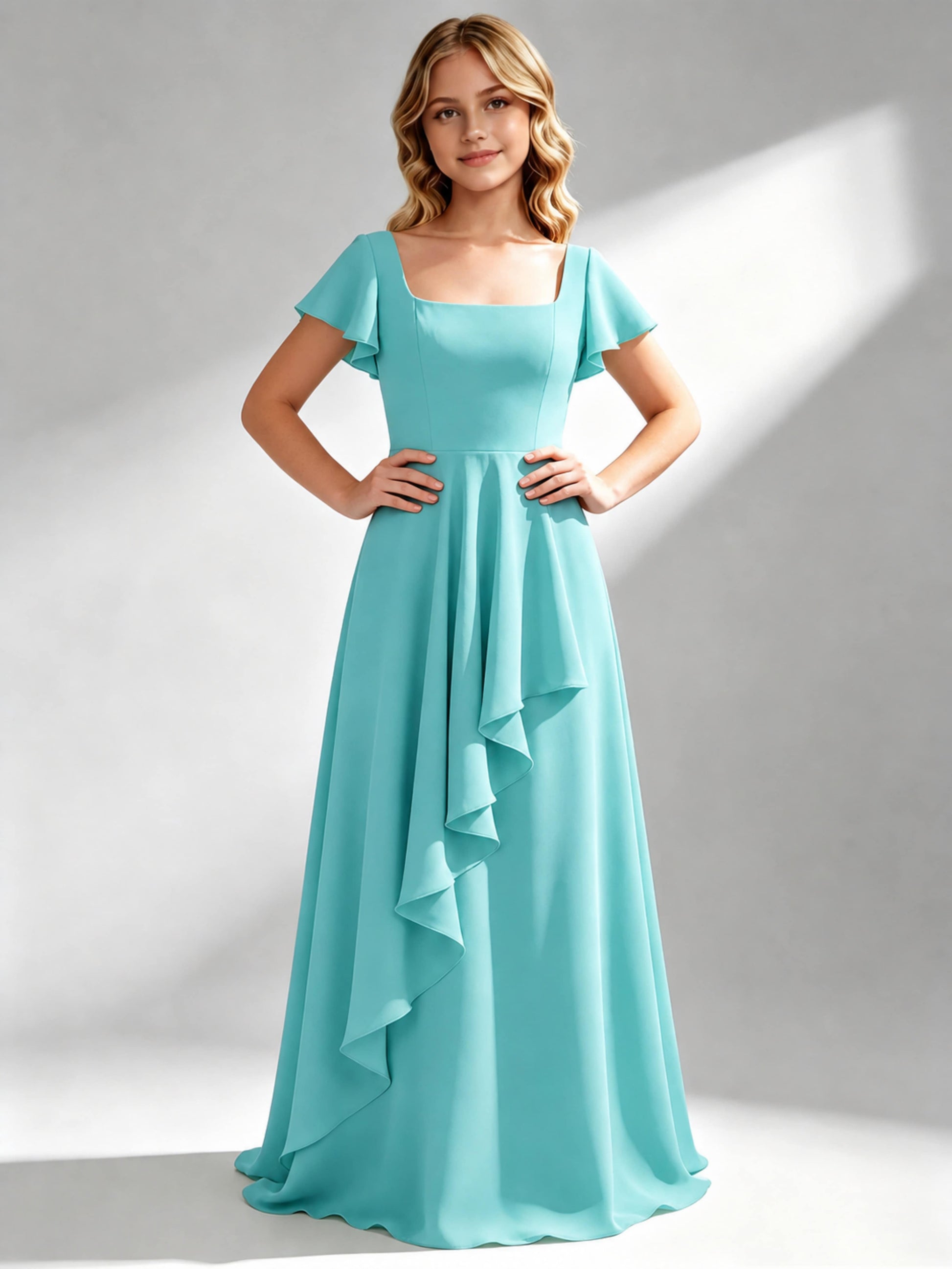A-Line Square Neck Ruffle Junior Bridesmaid Dresses