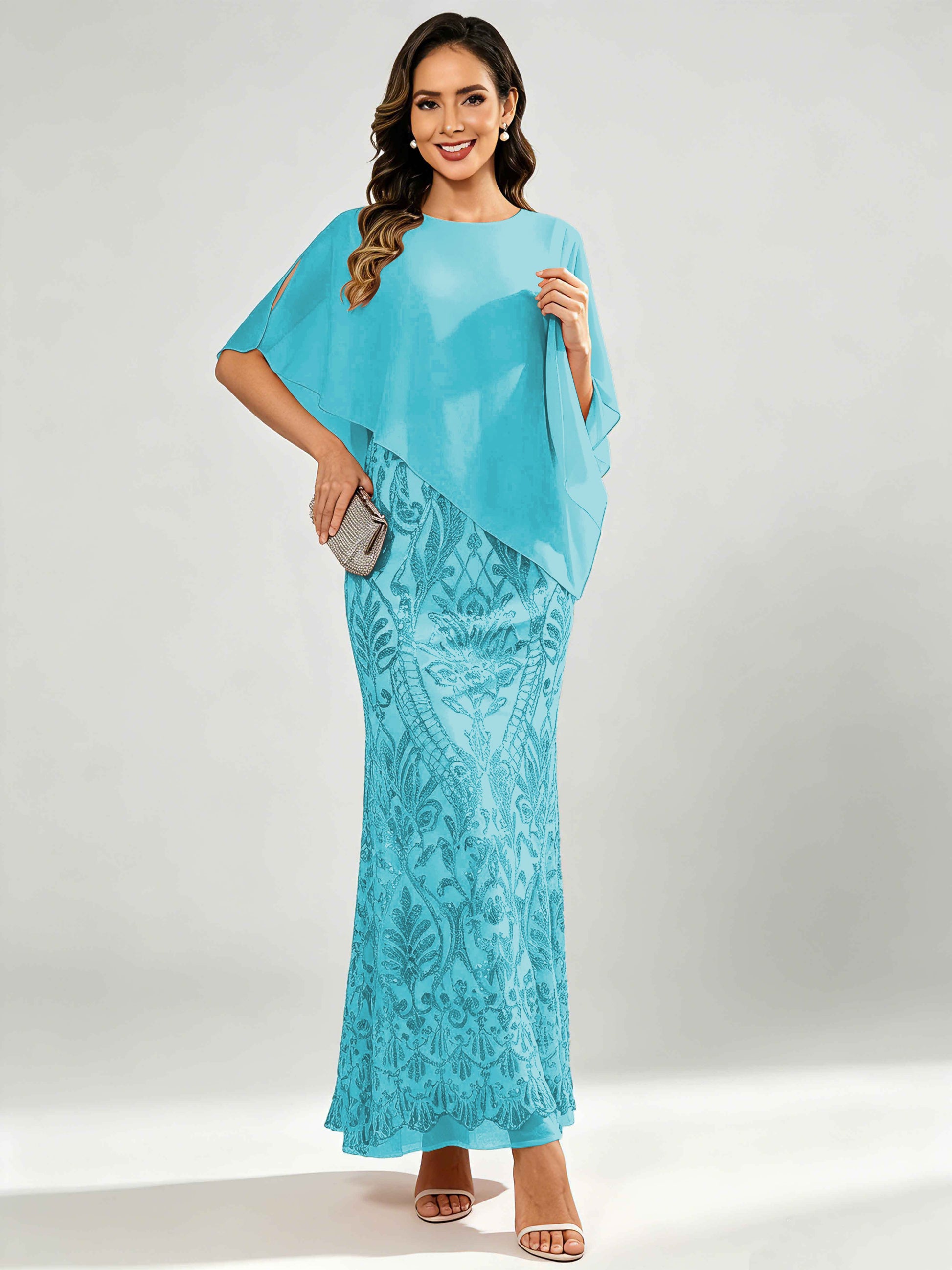 Mermaid Sequin Mother of The Bride Dress with Chiffon Cape