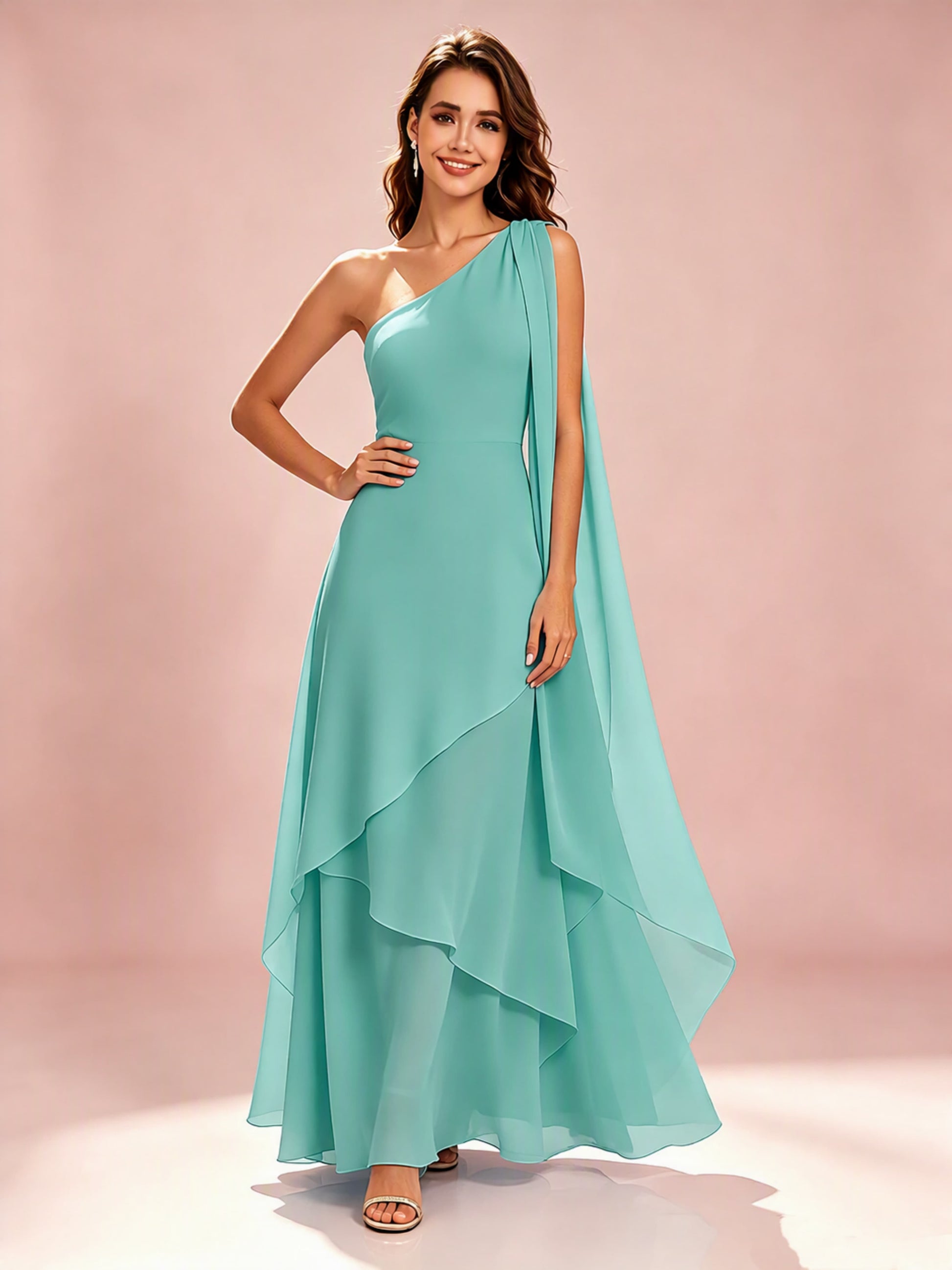 One Shoulder Chiffon Tiered Layered Bridesmaid Dresses for Wedding
