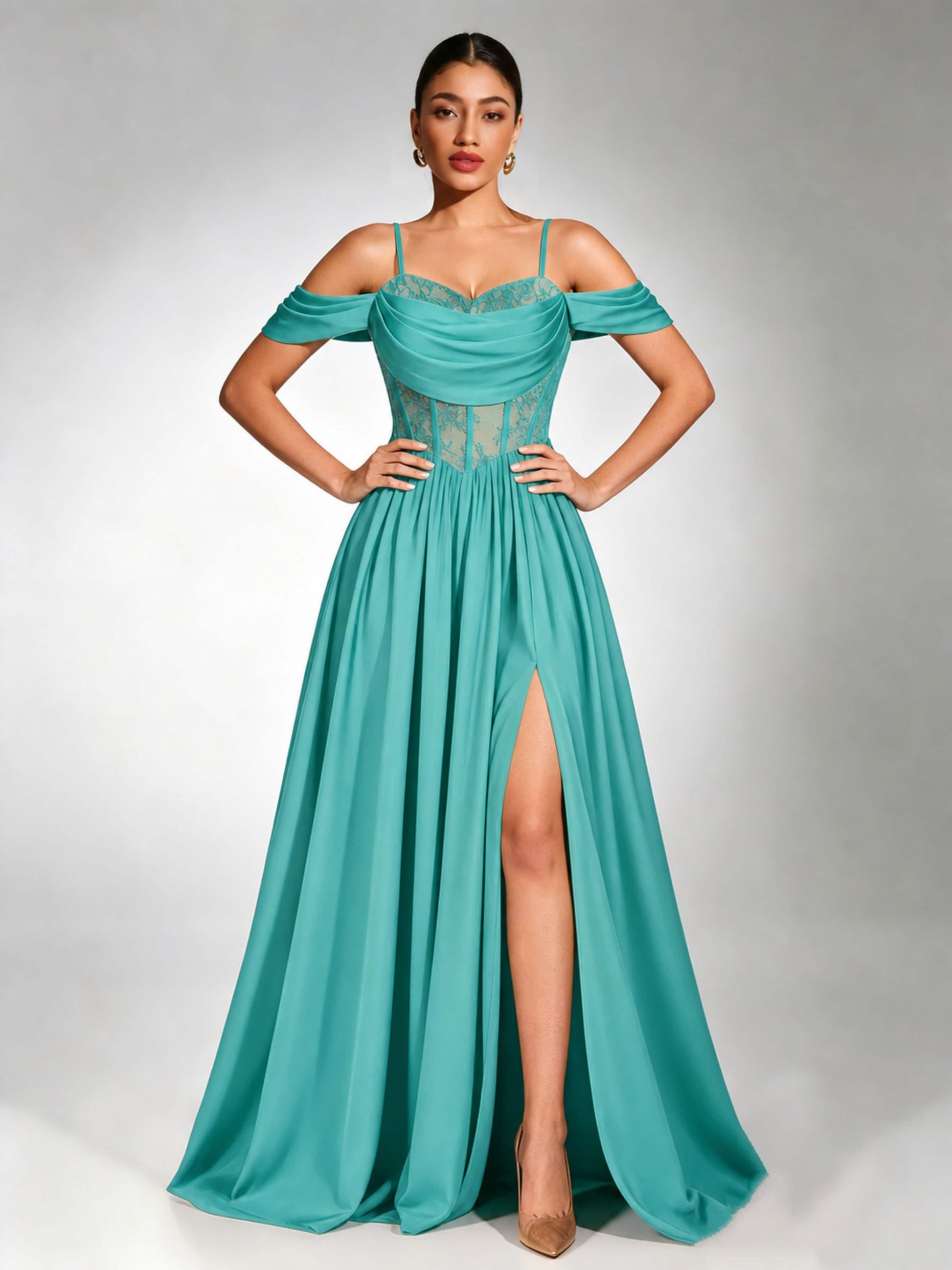 Off Shoulder Chiffon Lace Prom Dress for Teens