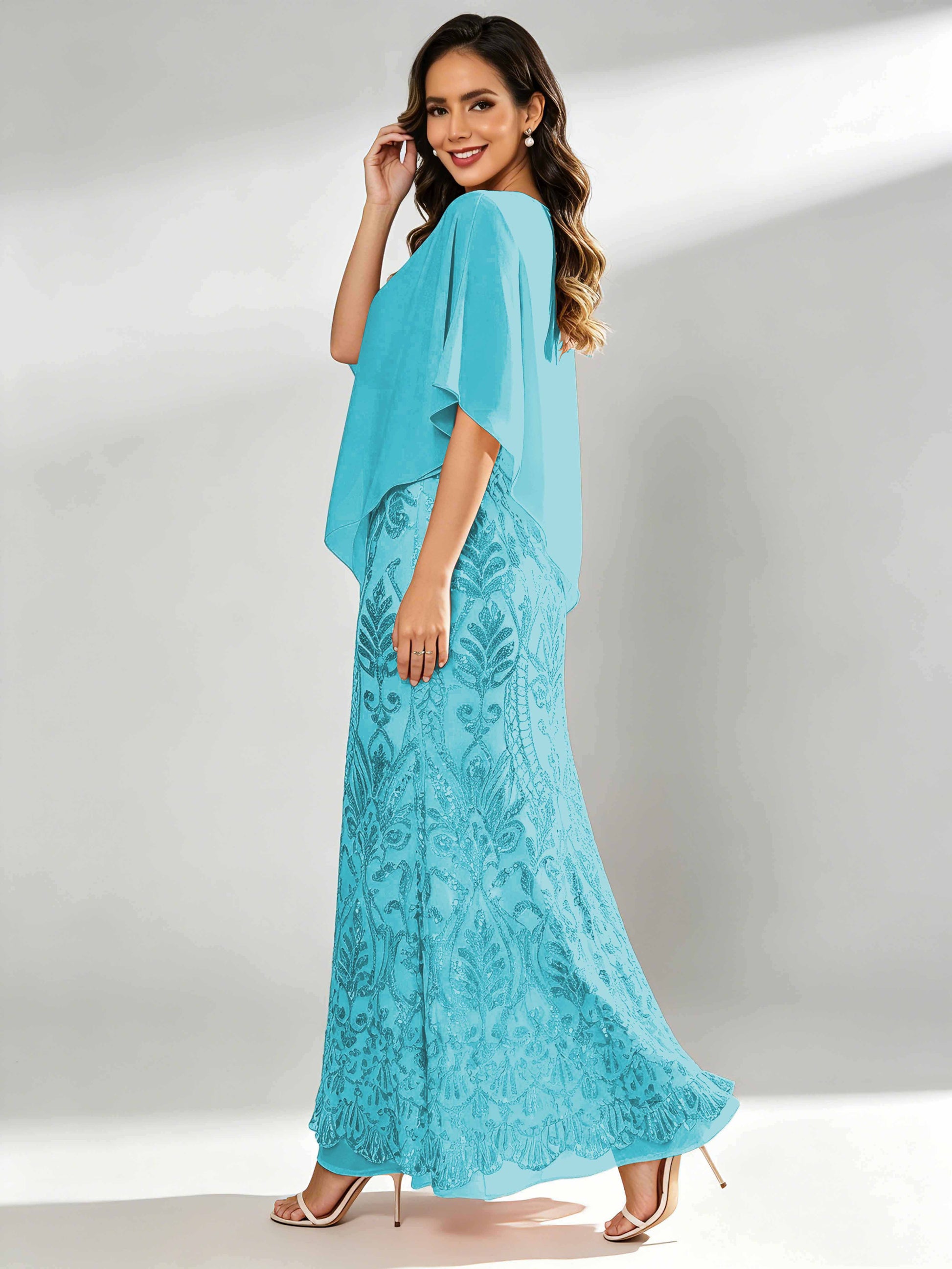 Mermaid Sequin Mother of The Bride Dress with Chiffon Cape