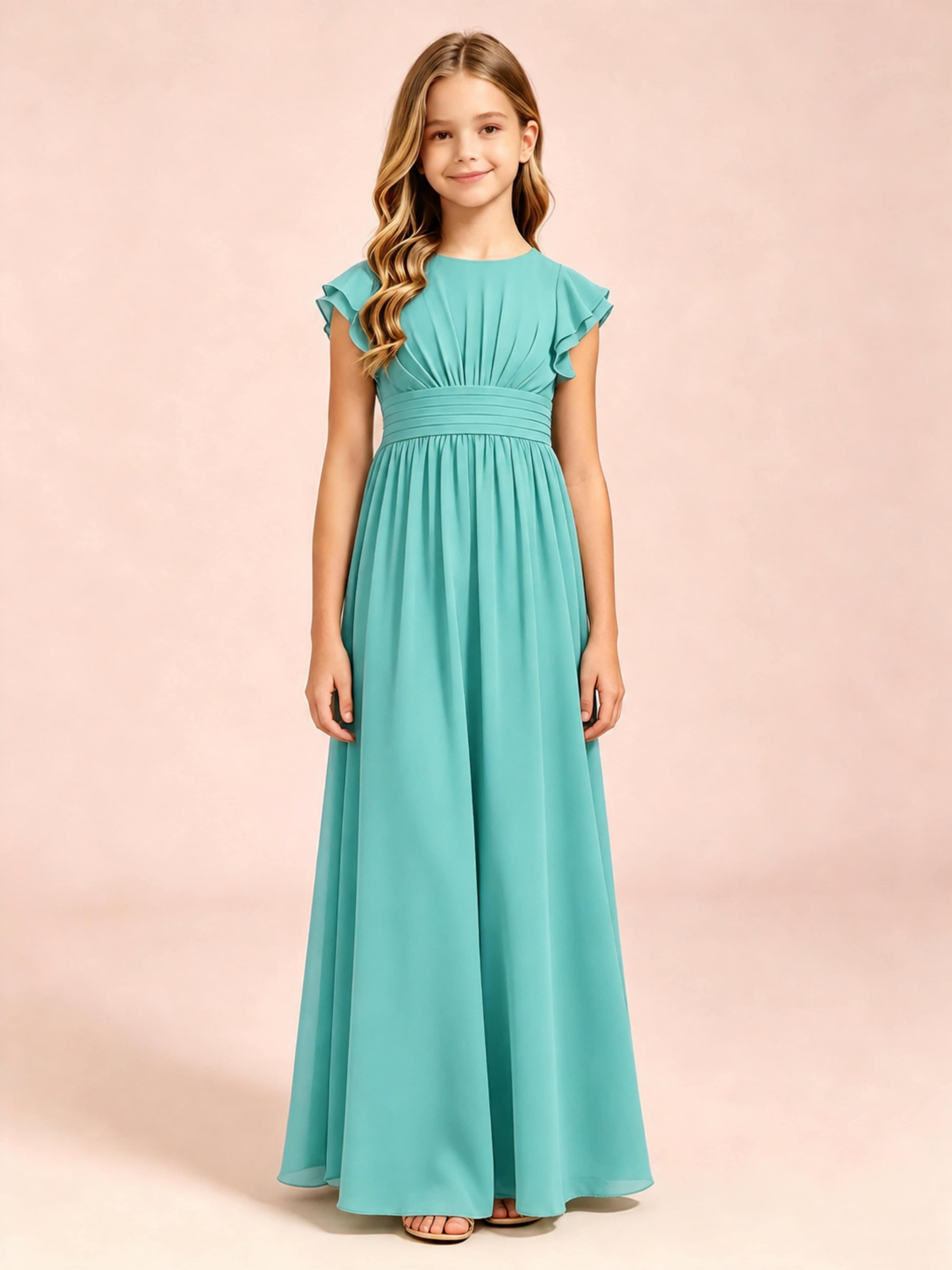 Chiffon Ruffle Cap Sleeve Junior Bridesmaid Dress for Wedding