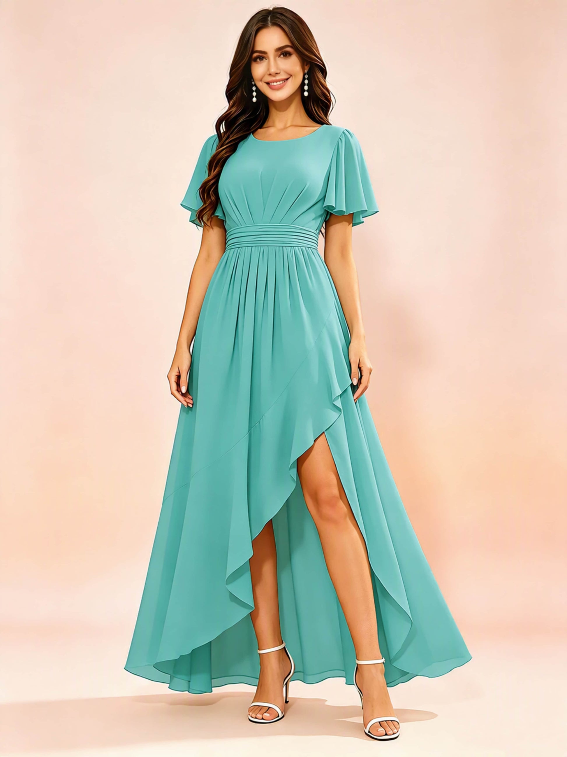 Chiffon High Low Round Neck Bridesmaid / Wedding Guest Dresses