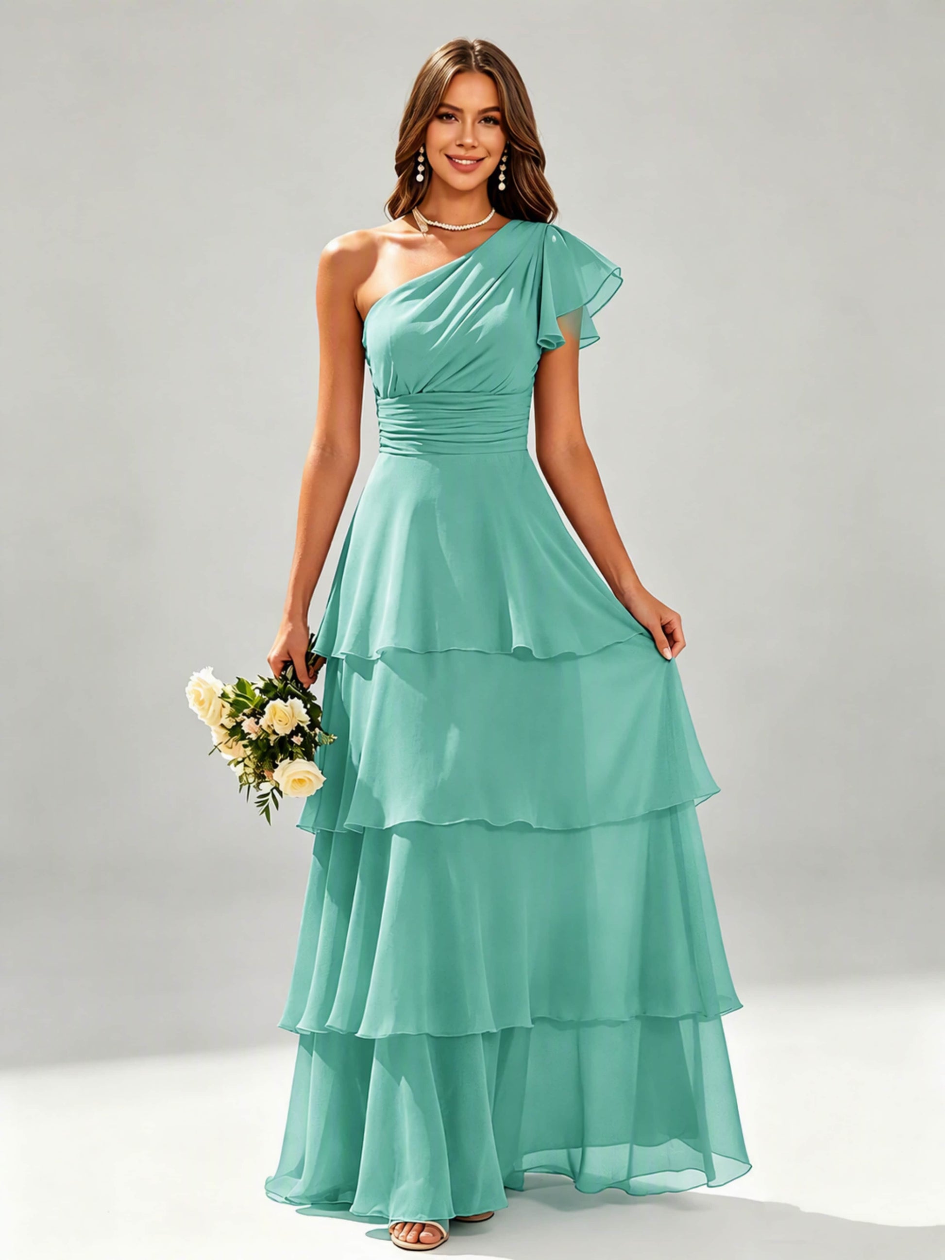 One Shoulder Ruffle Tiered Chiffon Bridesmaid Dress for Wedding