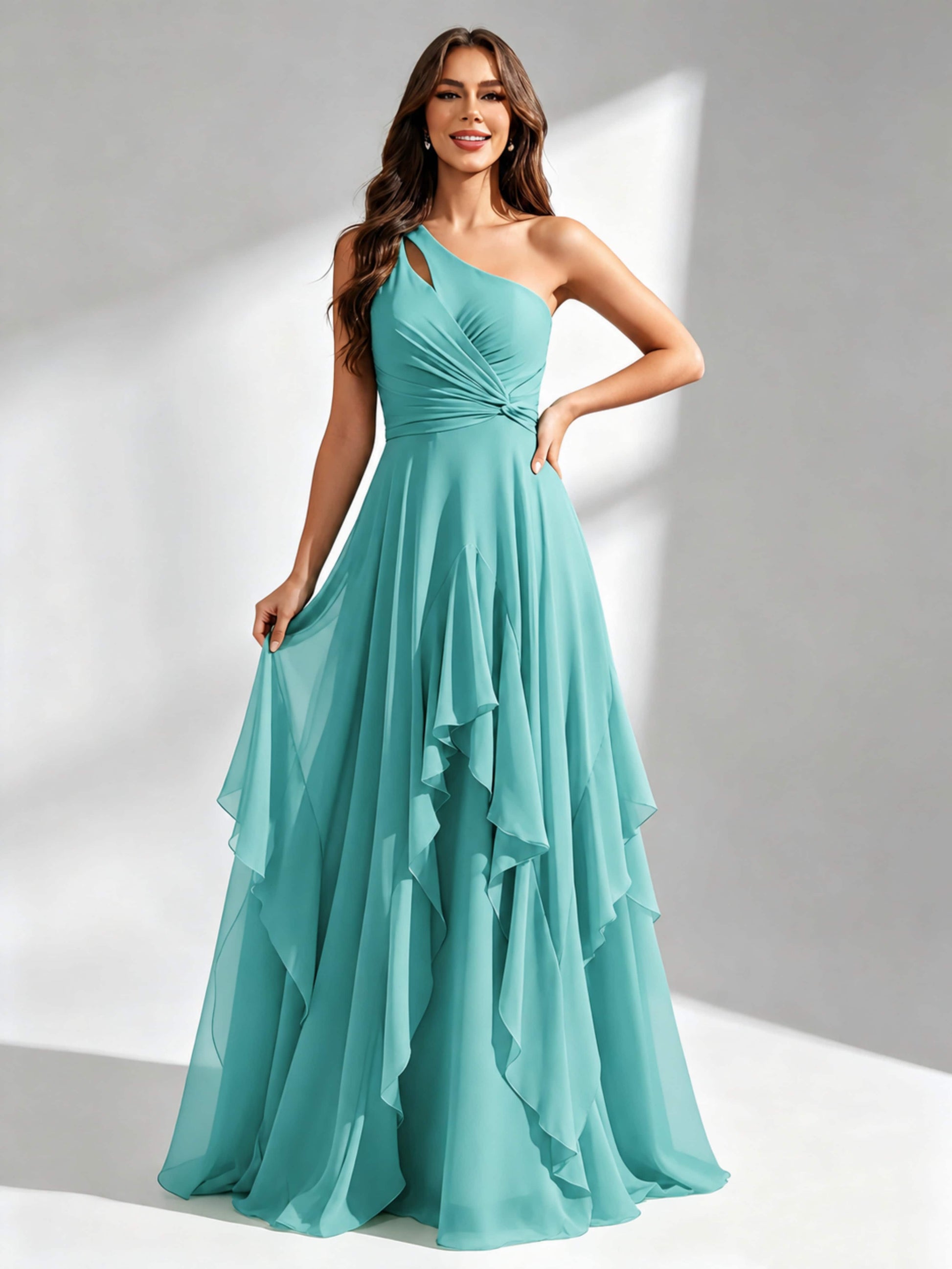 One Shoulder Ruffle Bridesmaid Dresses Formal Evening Gown