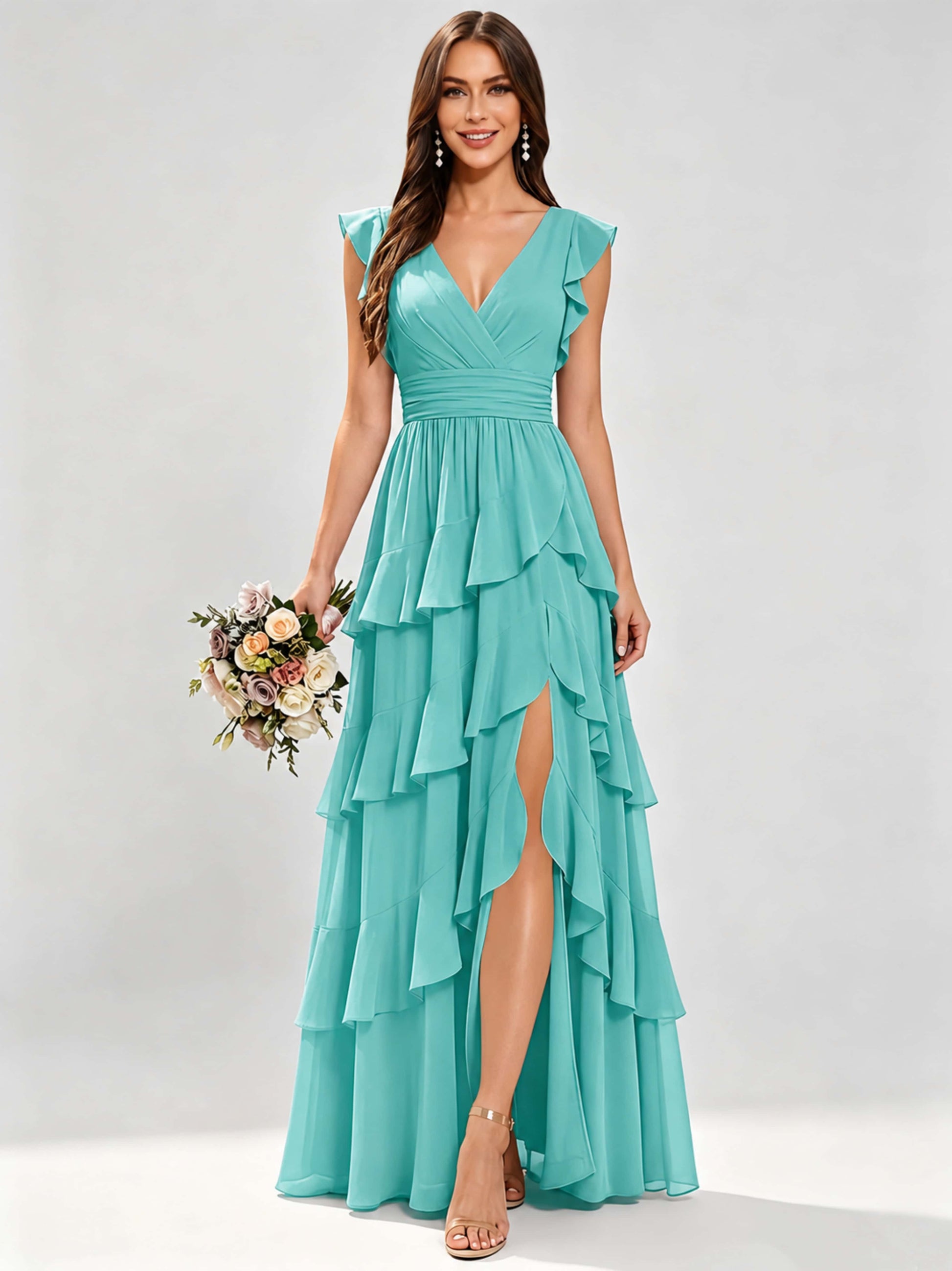 Ruffle Sleeve Tiered Chiffon Bridesmaid Dresses for Wedding with Slit