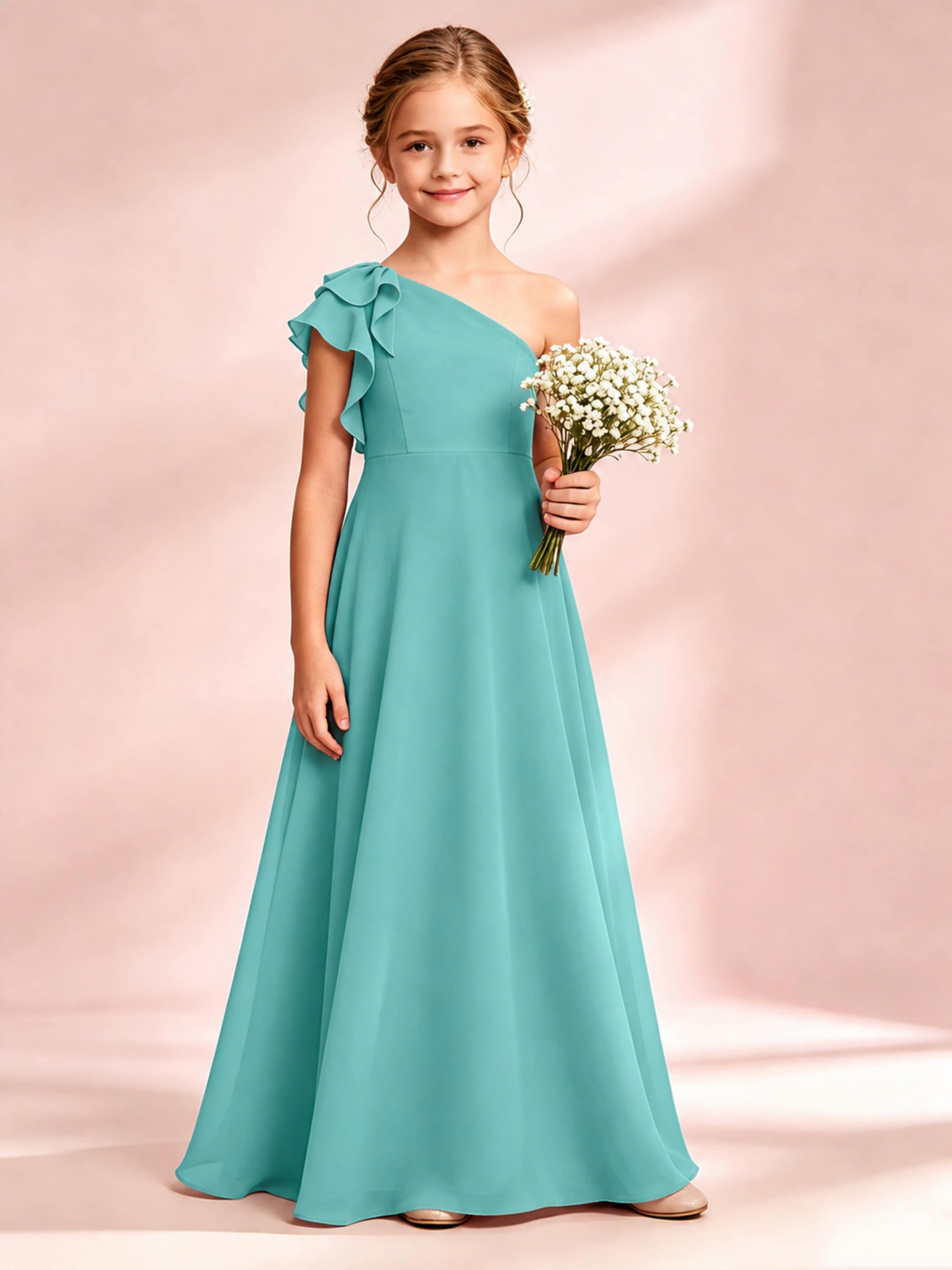 Chiffon Junior Bridesmaid Dress for Wedding One Shoulder Flower Girl Dresses