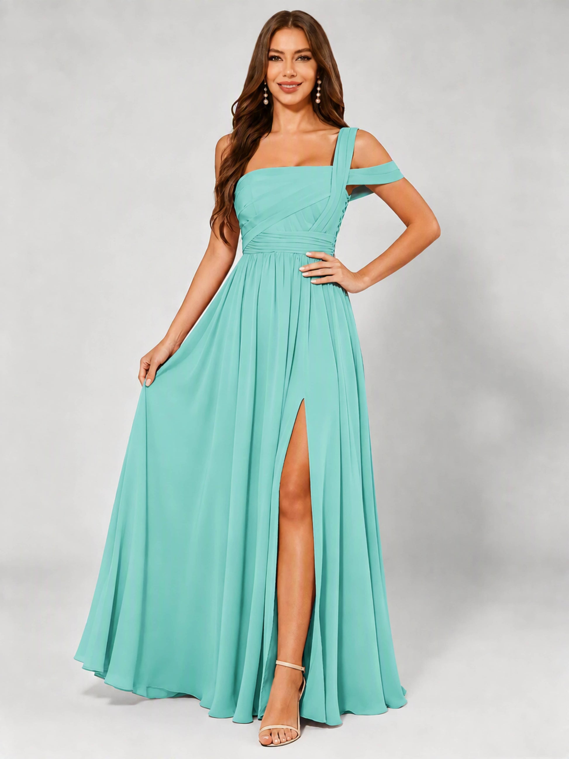 One Shoulder Chiffon Pleated Bridesmaid Dresses for Wedding