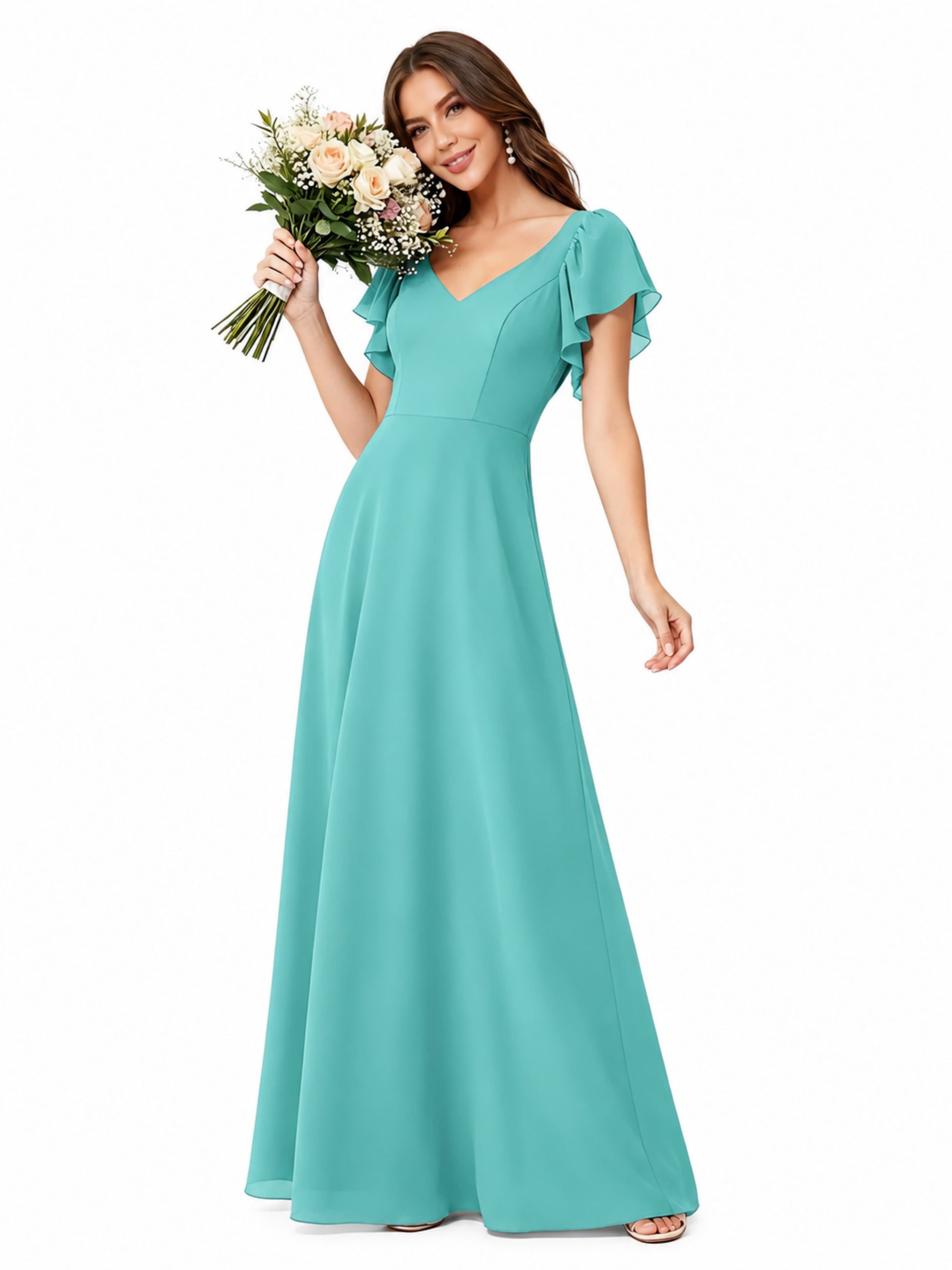 Ruffle Sleeve Chiffon Bridesmaid Dresses for Women Wedding