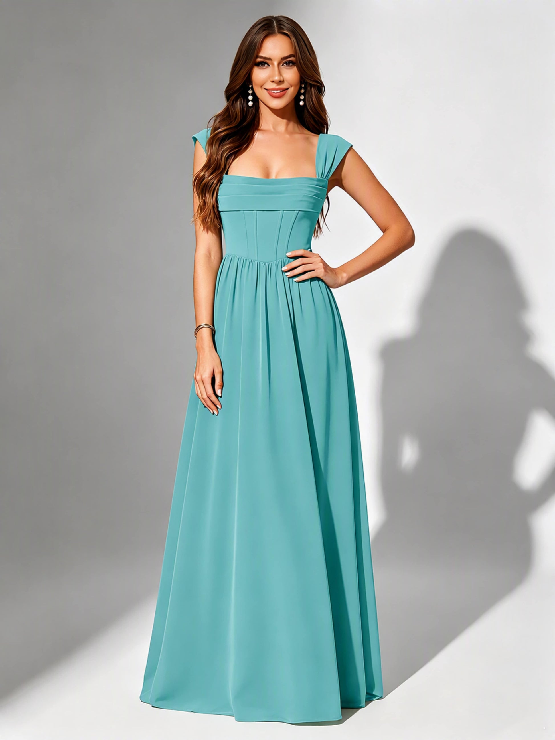 Square Neck Chiffon Bridesmaid Dress Corset Formal Gown