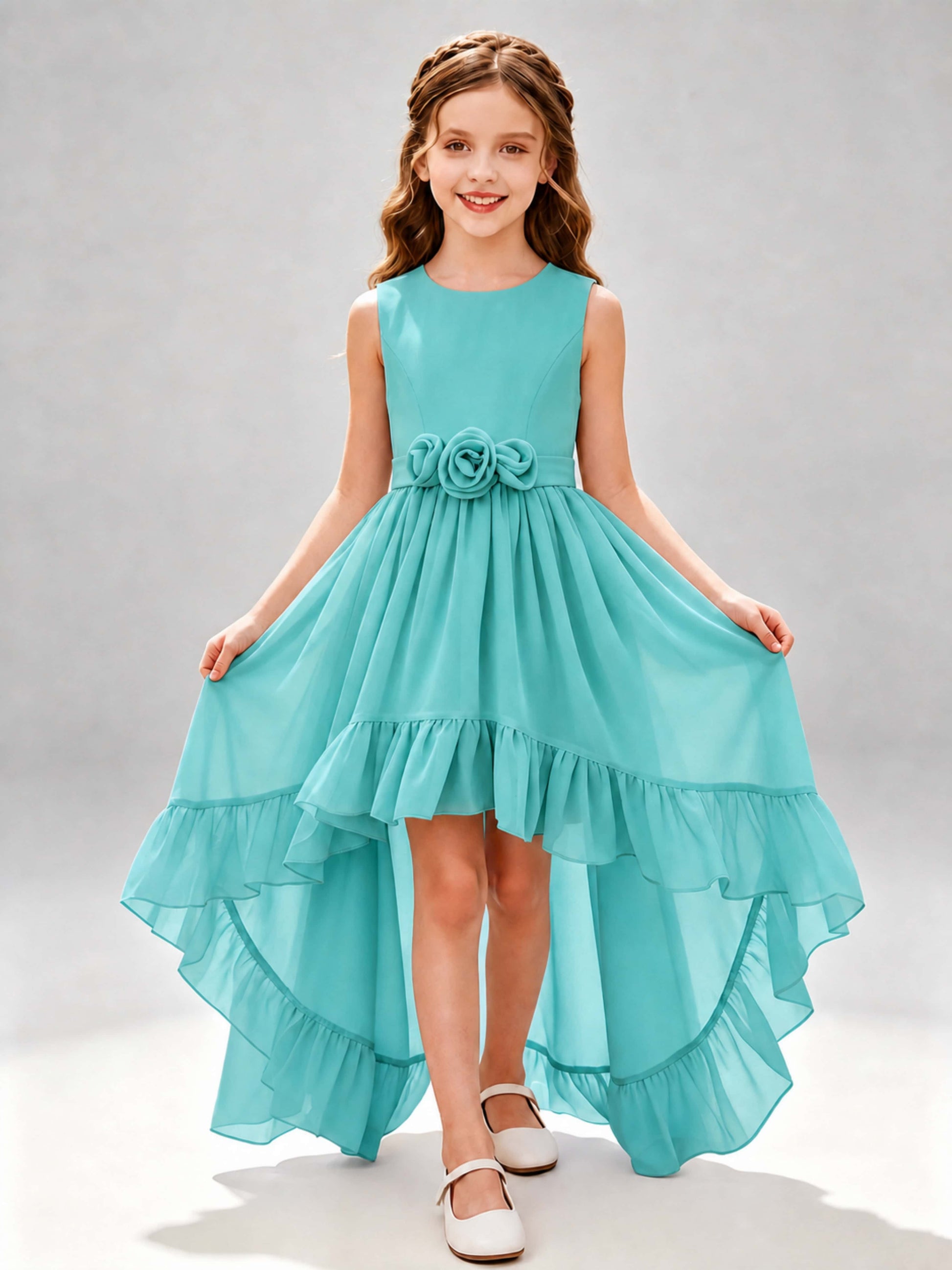 Chiffon 3D Flower High Low Junior Bridesmaid Dresses