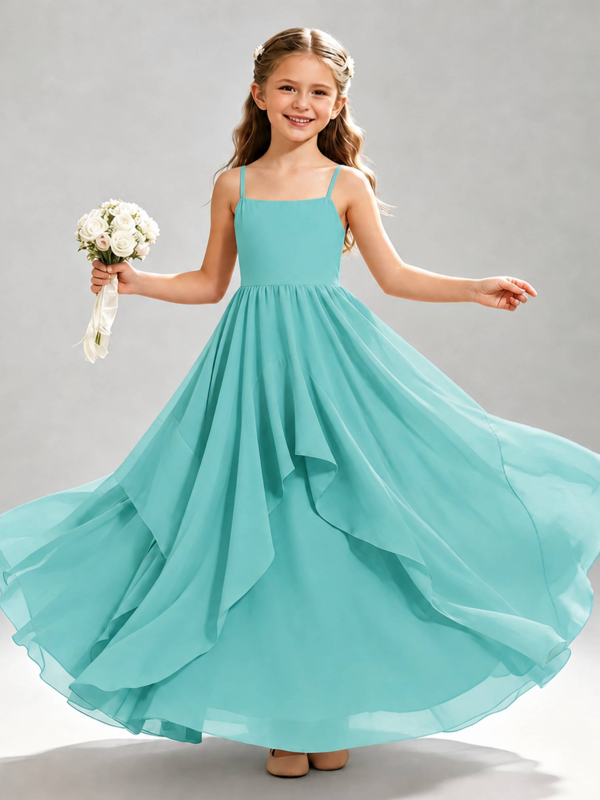 A-Line Spaghetti Straps Ruffle Junior Bridesmaid Dresses
