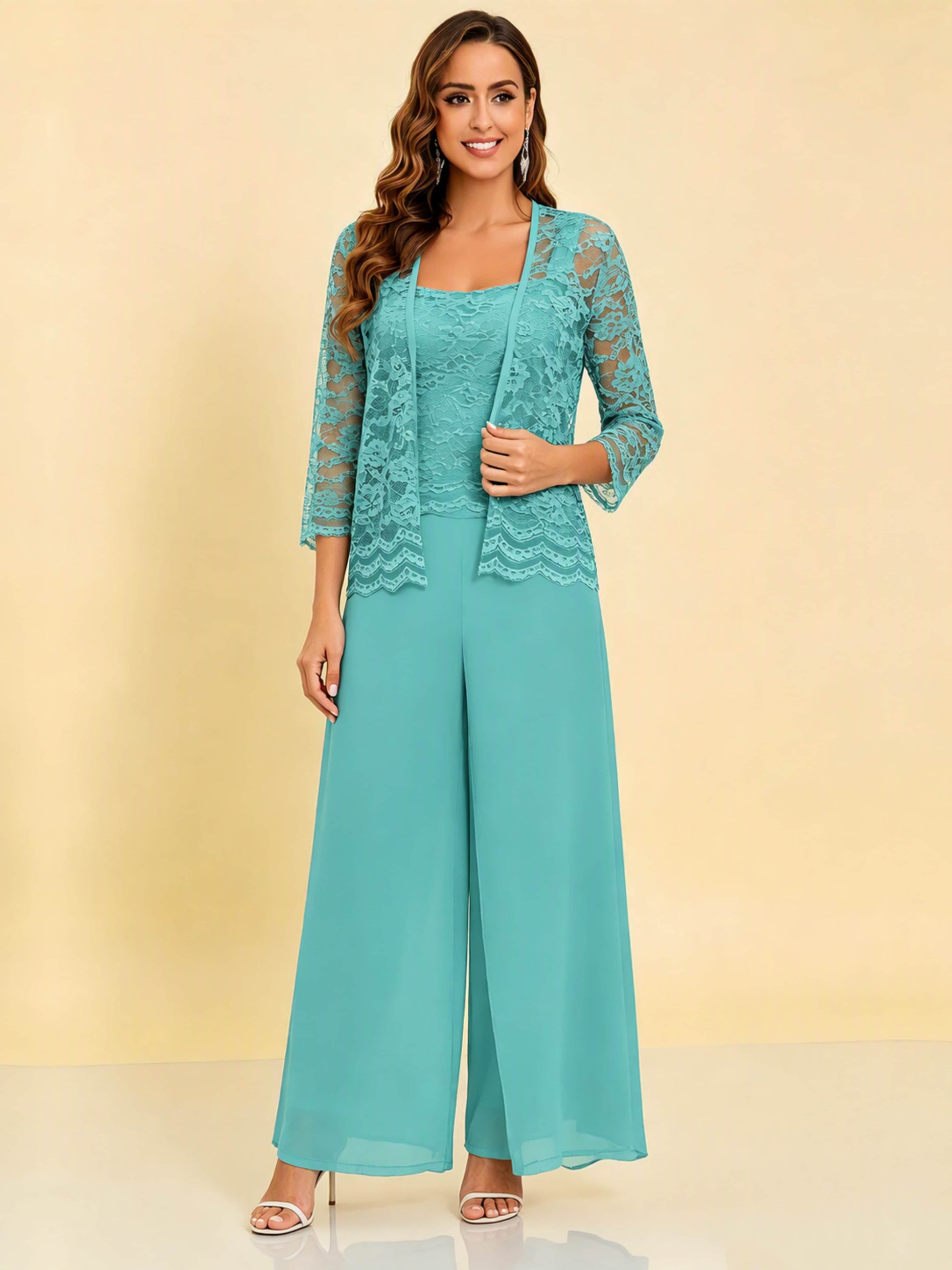 Chiffon Lace Flowy 3 Pieces Mother of The Bride Pant Suits Women Wedding
