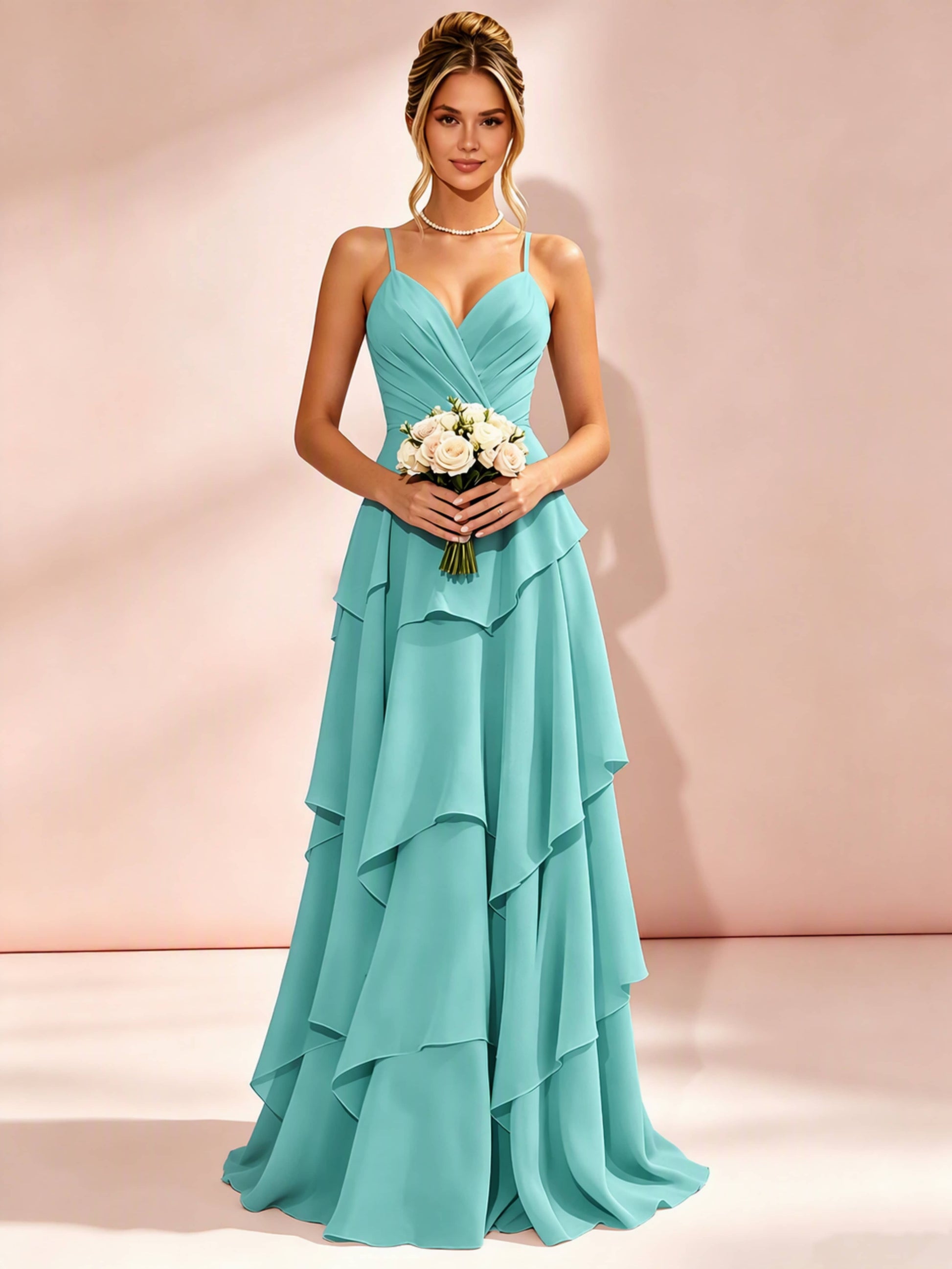 Spaghetti Straps Ruffle Tiered Chiffon Bridesmaid Dress for Wedding