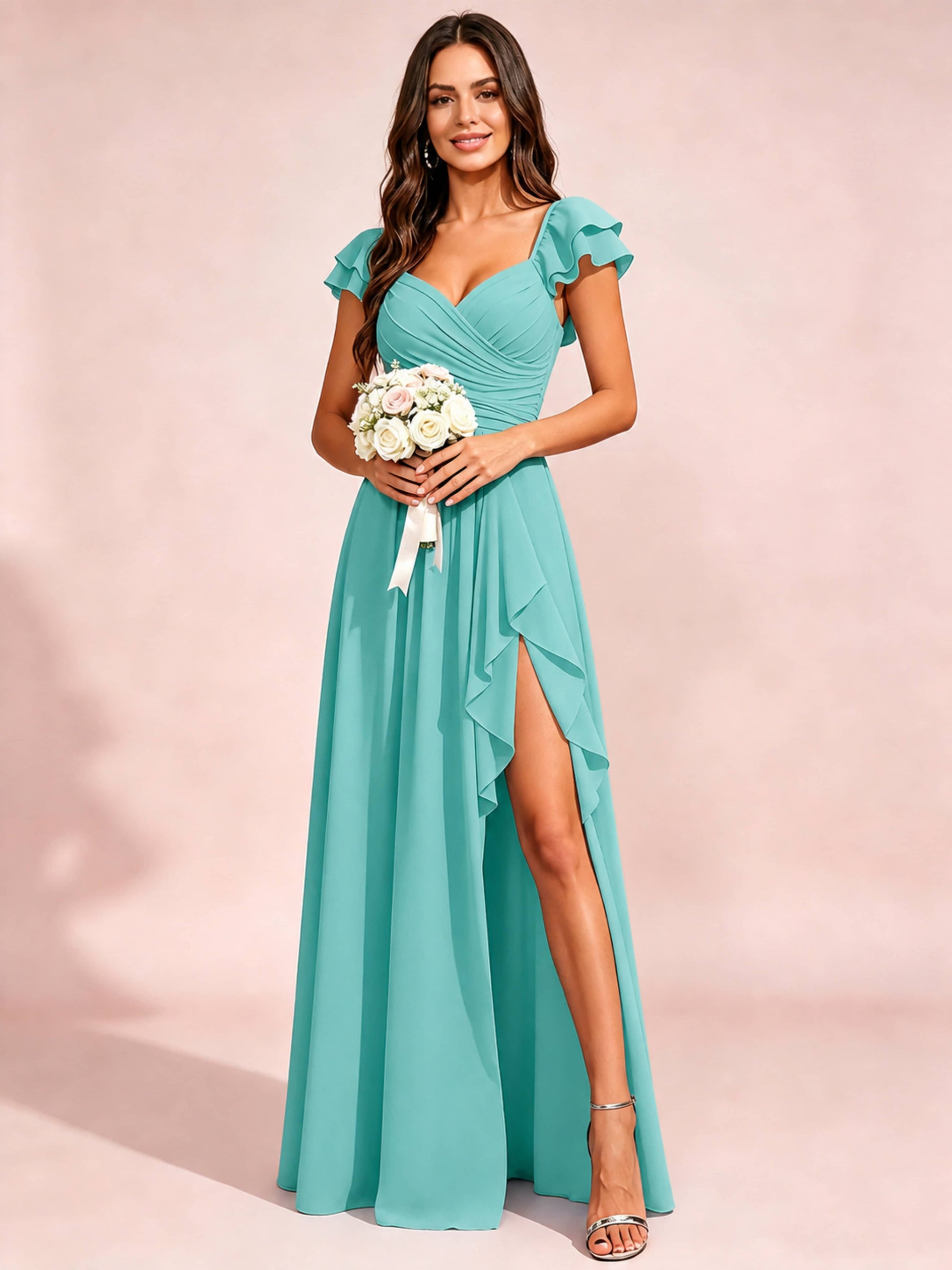 Chiffon Sweetheart Neck Ruched Bust Bridesmaid Dresses with Ruffle Slit